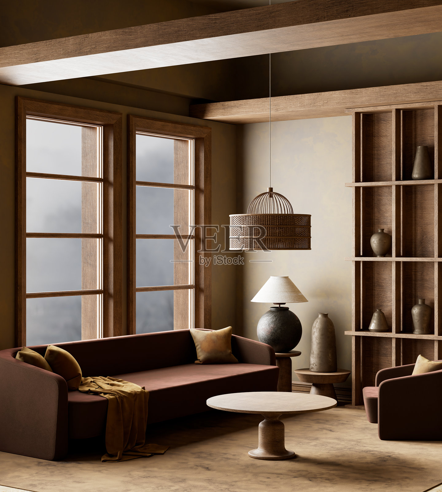 温馨的极简主义与自然灵感的客厅设计。3D插图照片摄影图片