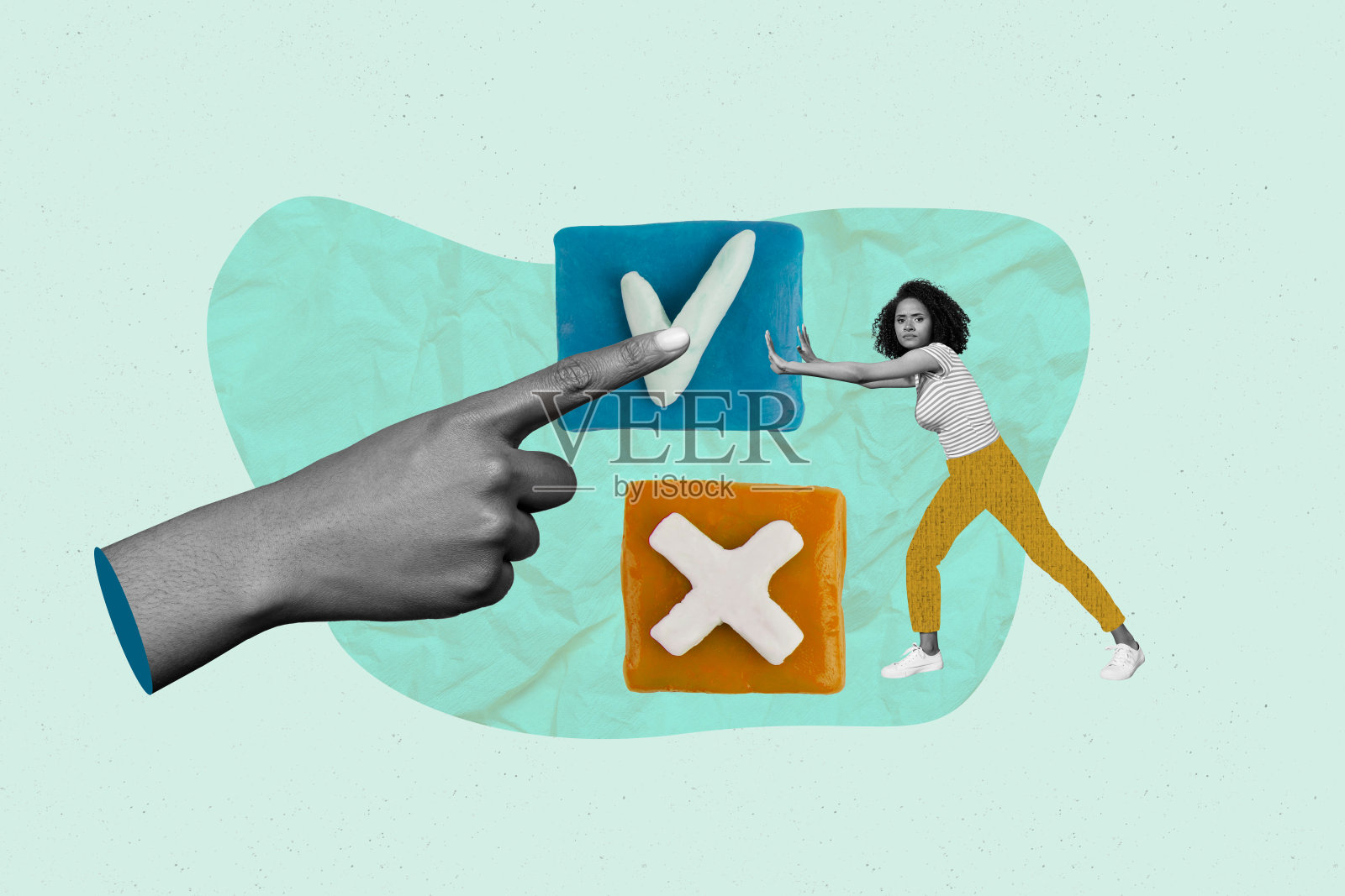 快乐的商人和商女人物的独特艺术横幅拼贴,展示了对比手势的勾选标记和禁止符号。照片摄影图片