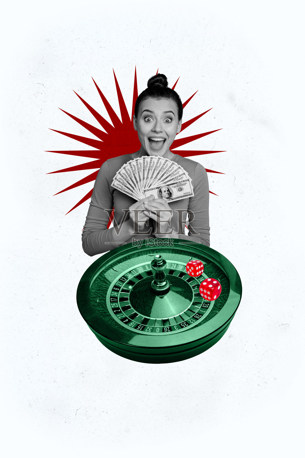 快乐女孩竖向照片拼贴,手指着持有的美元,象征收入、成功、扑克游戏赢家、轮盘和骰子,背景为涂鸦风格。照片摄影图片