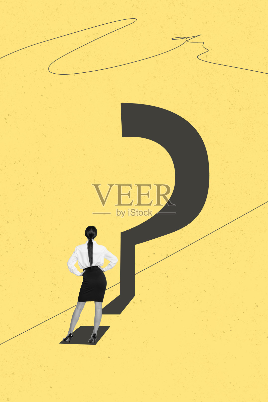 黑白剪影年轻女性背影思考问题的涂鸦艺术作品拼贴画照片摄影图片