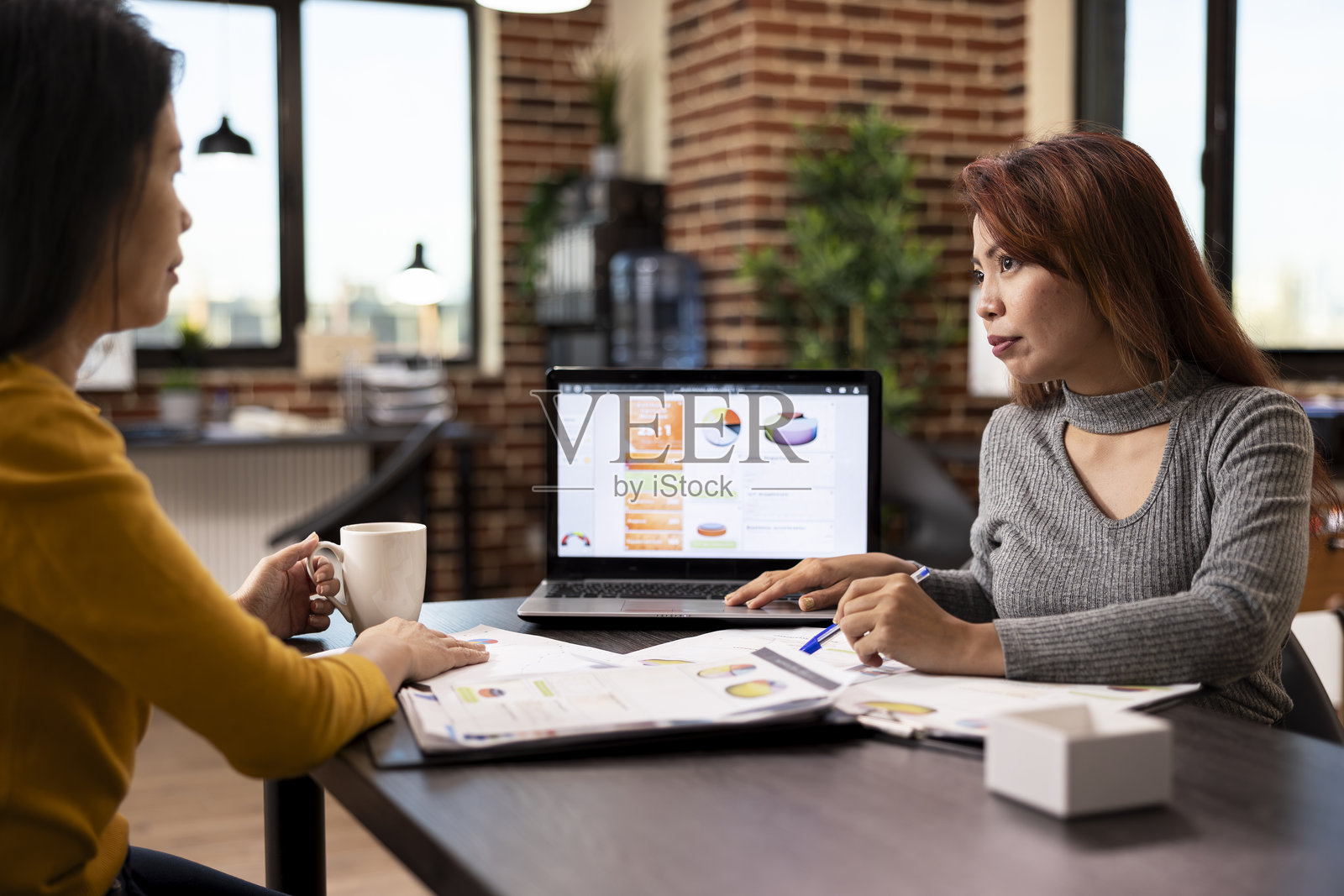 顾问正在使用笔记本电脑与同事进行咨询照片摄影图片