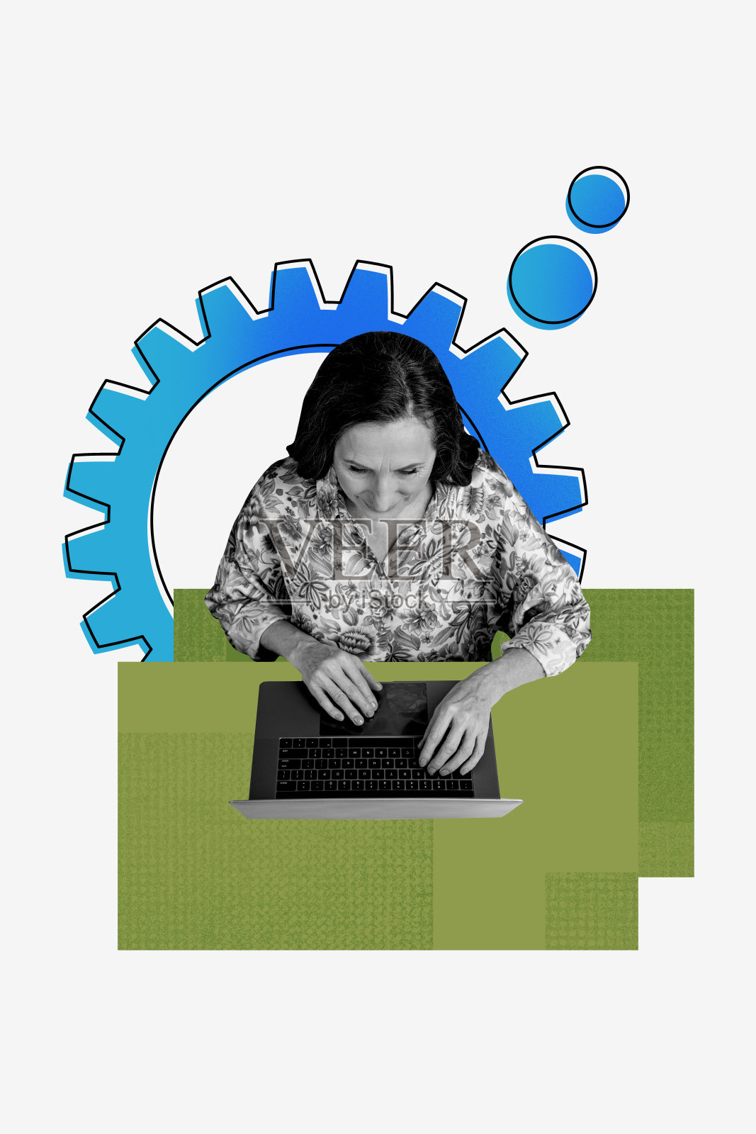 严肃的老年女商人类型的垂直照片拼贴,使用MacBook设备的自由职业者,齿轮设置,背景为涂漆效果。照片摄影图片