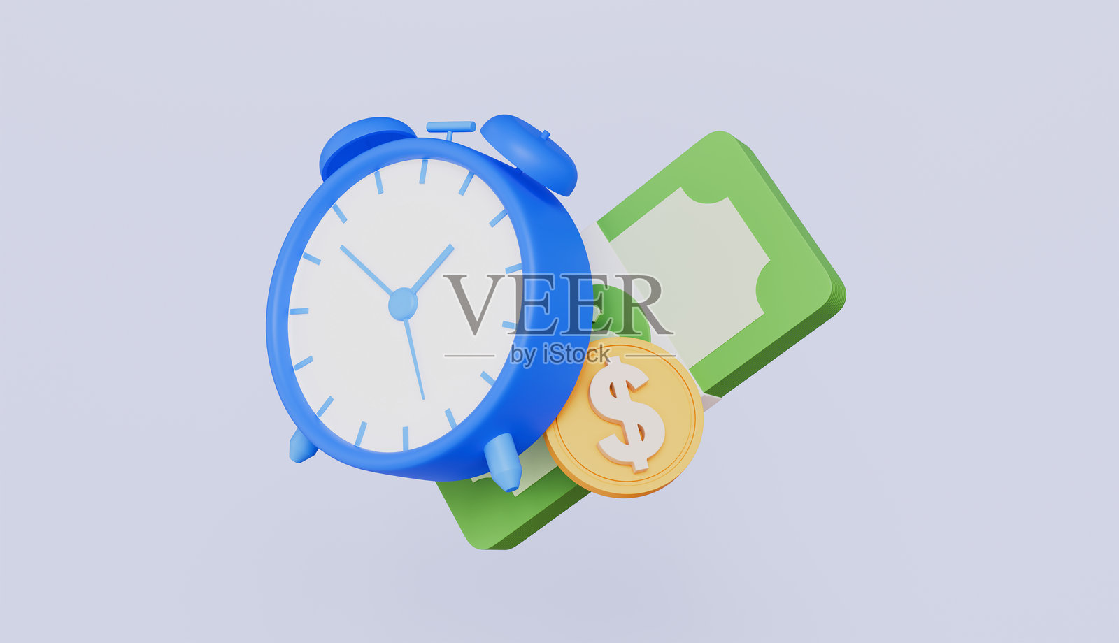 带有银行note和硬币的闹钟图标,象征金钱和时间,背景为白色。照片摄影图片