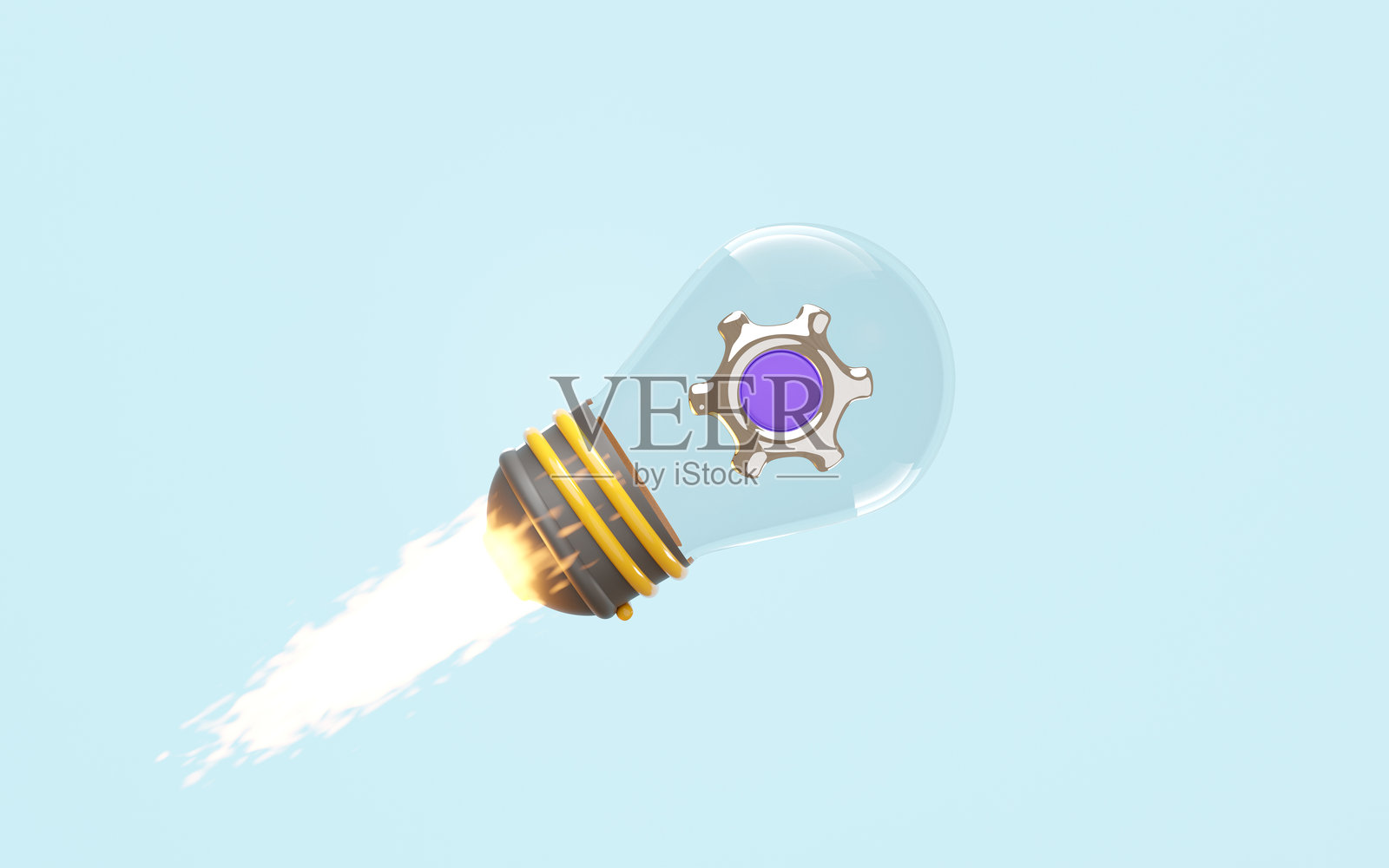 蓝色背景上孤立的3D灯泡喷气机与齿轮。创业、商业创意、投资商业目标概念,3D渲染插图。照片摄影图片