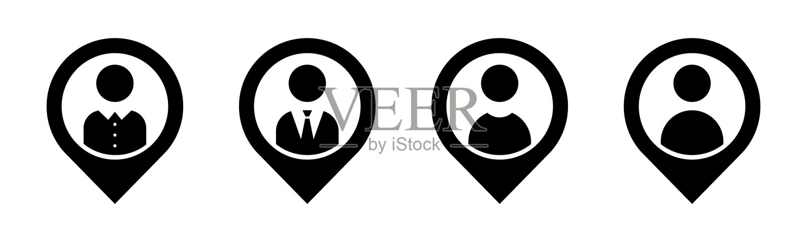 人物和图钉图标集插图矢量图。黑白色。带有位置标志和符号的人物。插画图片素材