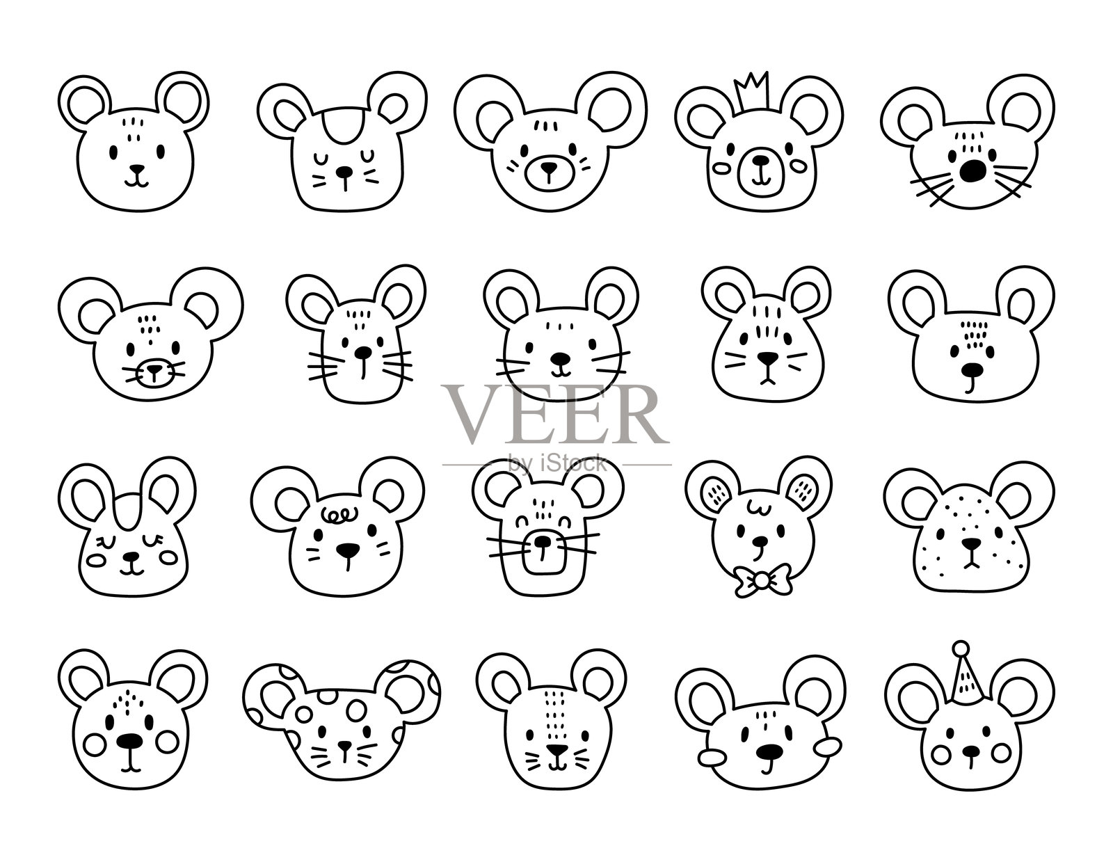 迷人的卡通老鼠脸部图案,适用于插图和创意设计项目的轮廓线条艺术,展现可爱的动物友好角色头部。插画图片素材