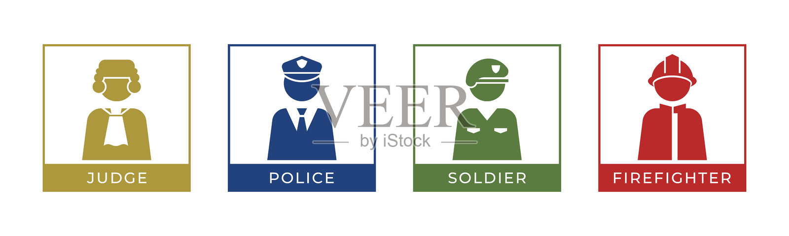 法官、警察、士兵、消防员图标集插图矢量。方形版本。插画图片素材