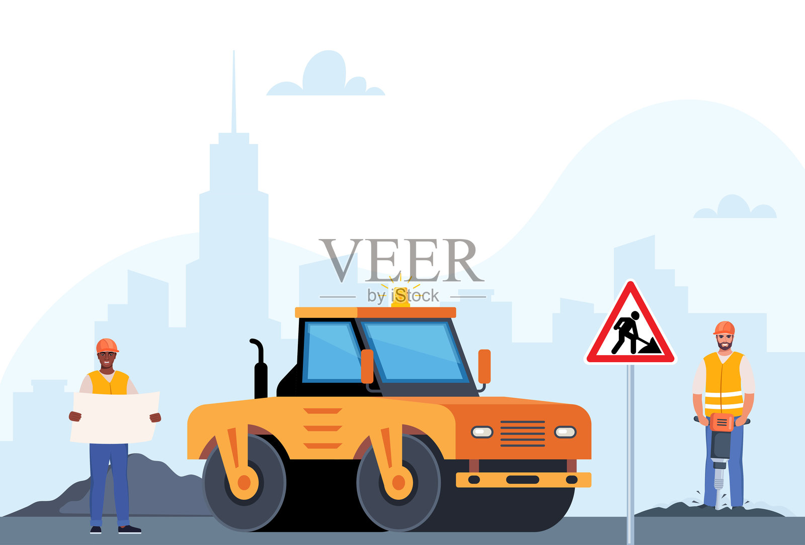 道路修复场景,包括重型设备、交通标志和正在进行测量及道路施工的人们。矢量插图。插画图片素材