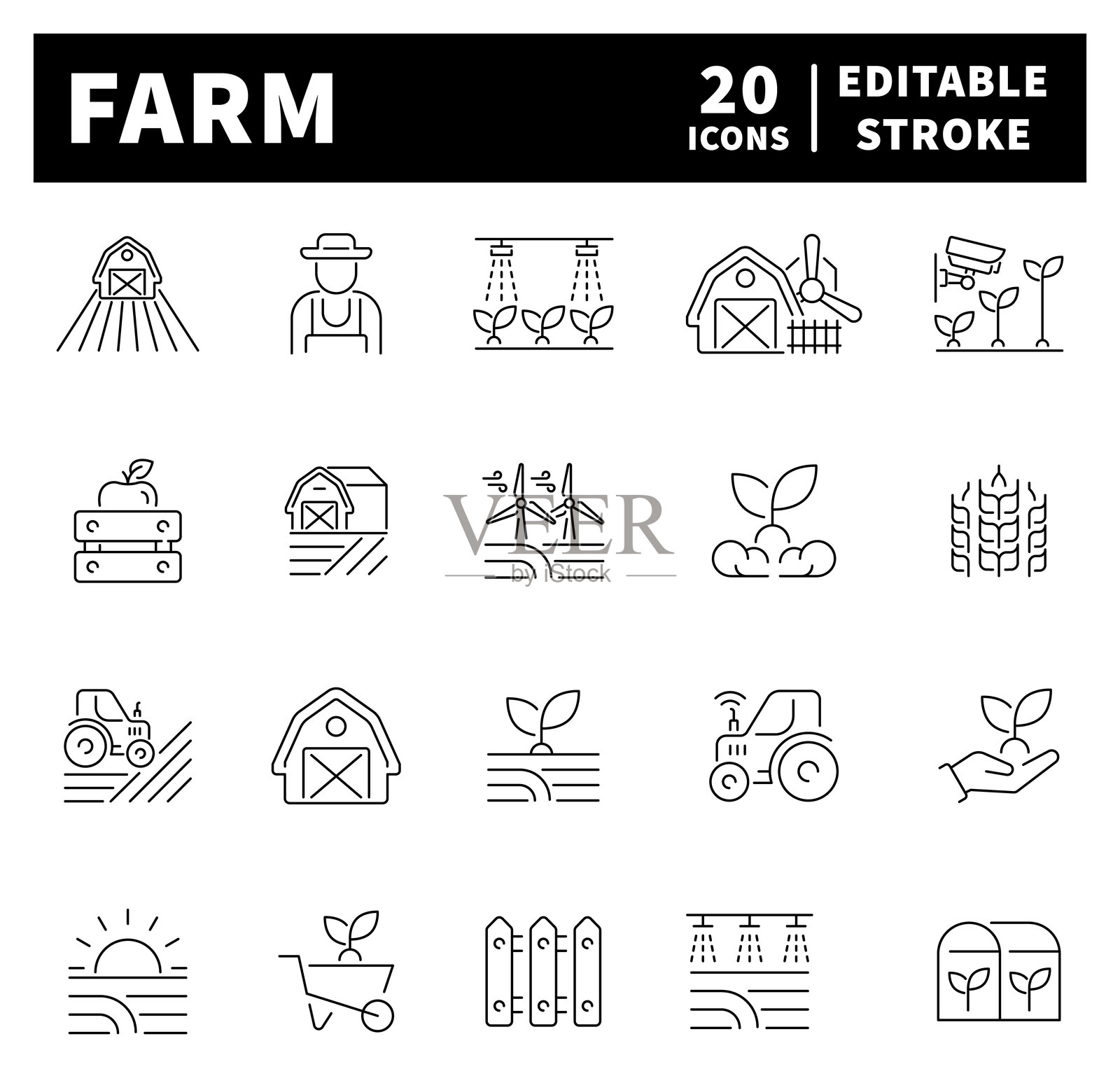 农场图标集。与农场和农业相关的细线图标集。线条风格的农业网页图标集合。插画图片素材