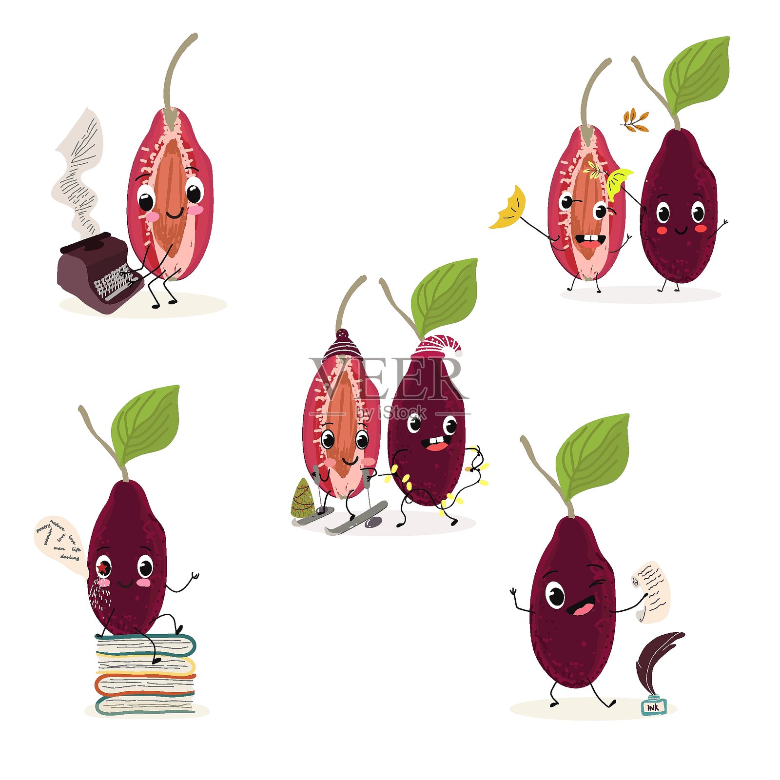 樱桃、水果、山茱萸、红瑞木、狗木、有趣的快乐角色。矢量手绘插图。插画图片素材