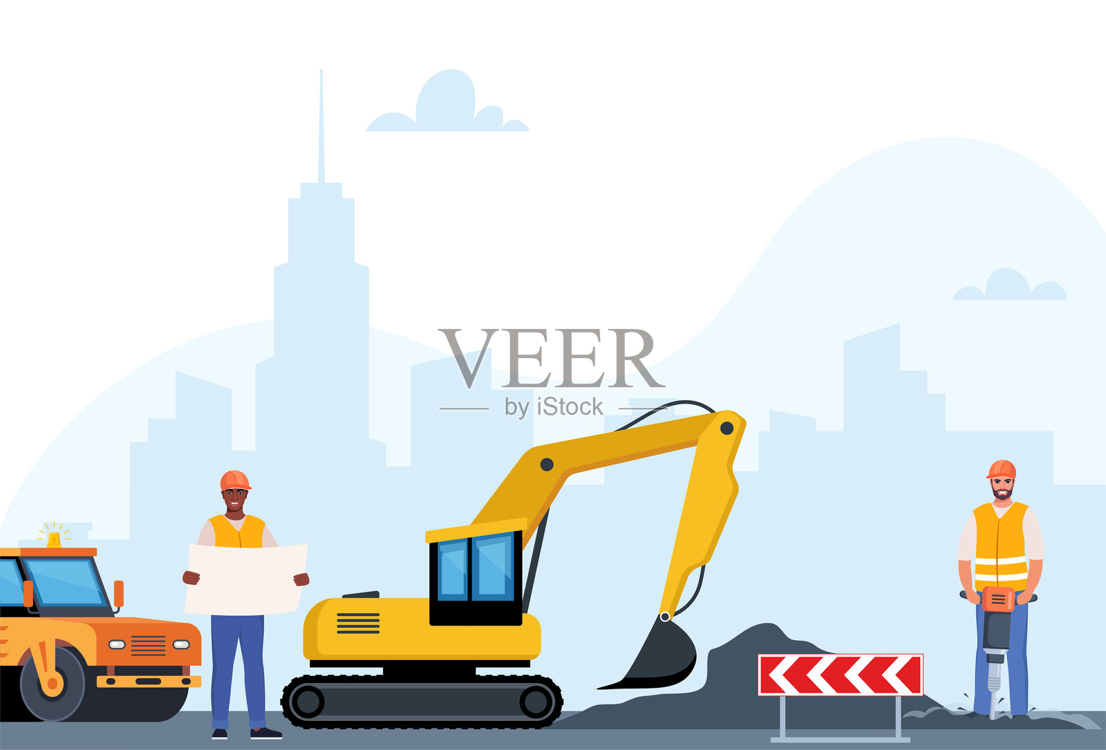 道路修复场景,包括重型设备、交通标志和正在进行测量及道路施工的人们。矢量插图。插画图片素材