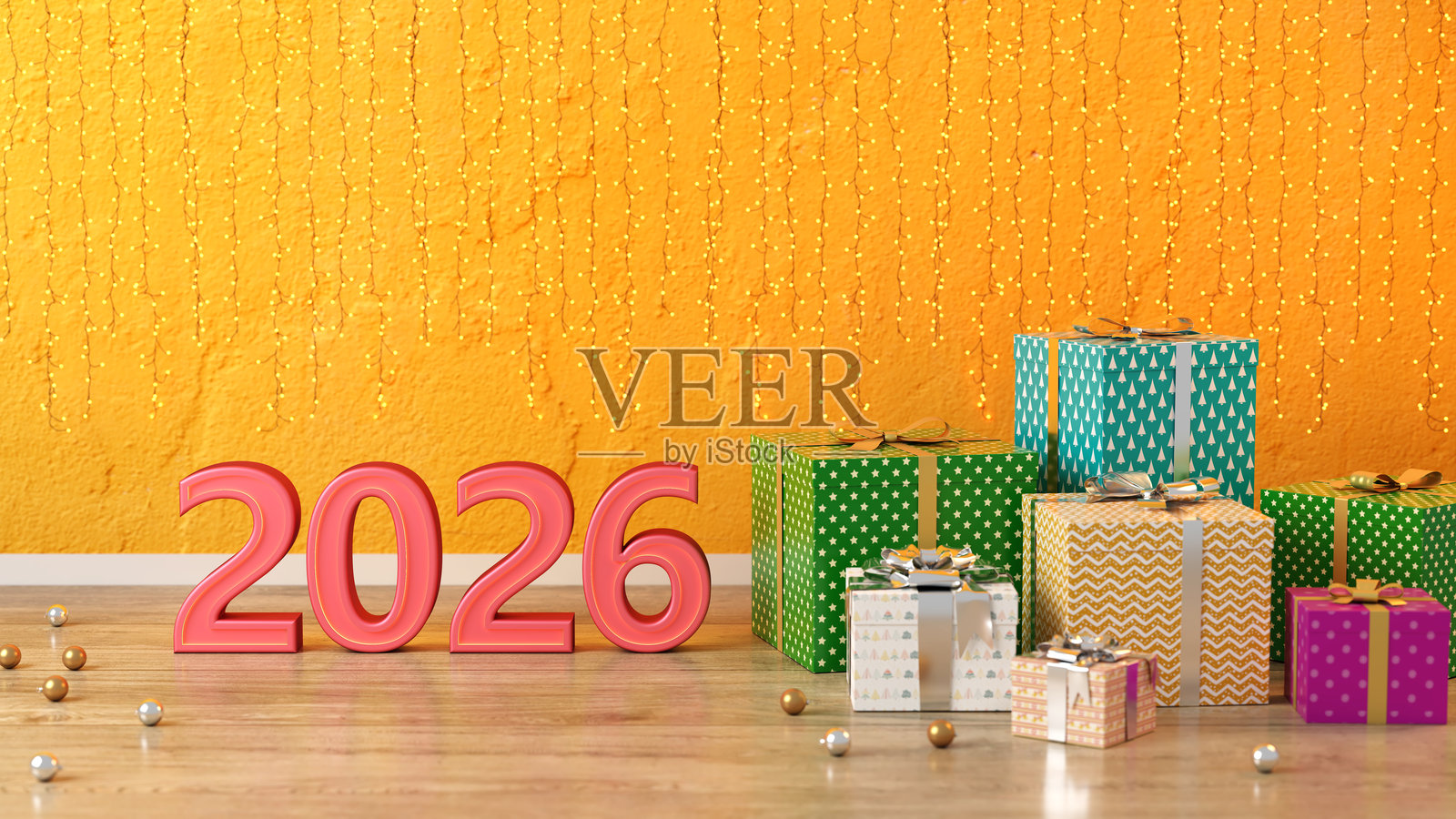 2026年新年创意设计概念与礼品盒照片摄影图片