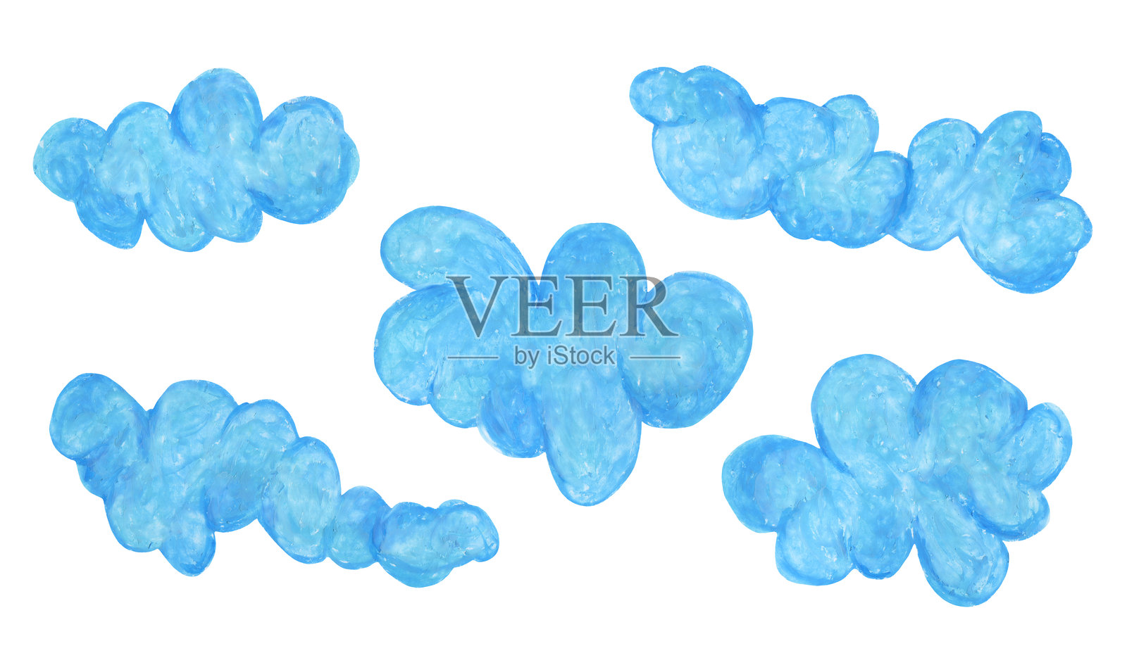明亮的油画棒画作,蓝色蓬松云朵组合插画图片素材
