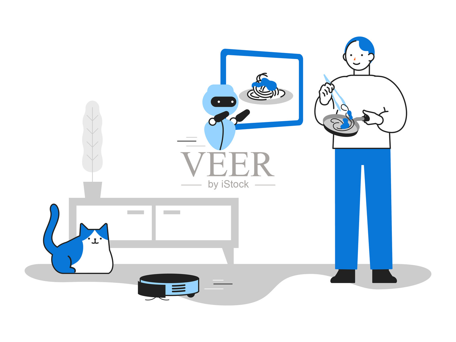 概念:问题解决。使用人工智能的人物卡通角色头像,包括面部侧影、头像和图标。特写插图展示一名男子在配备人工智能的房间内做家务。插画图片素材