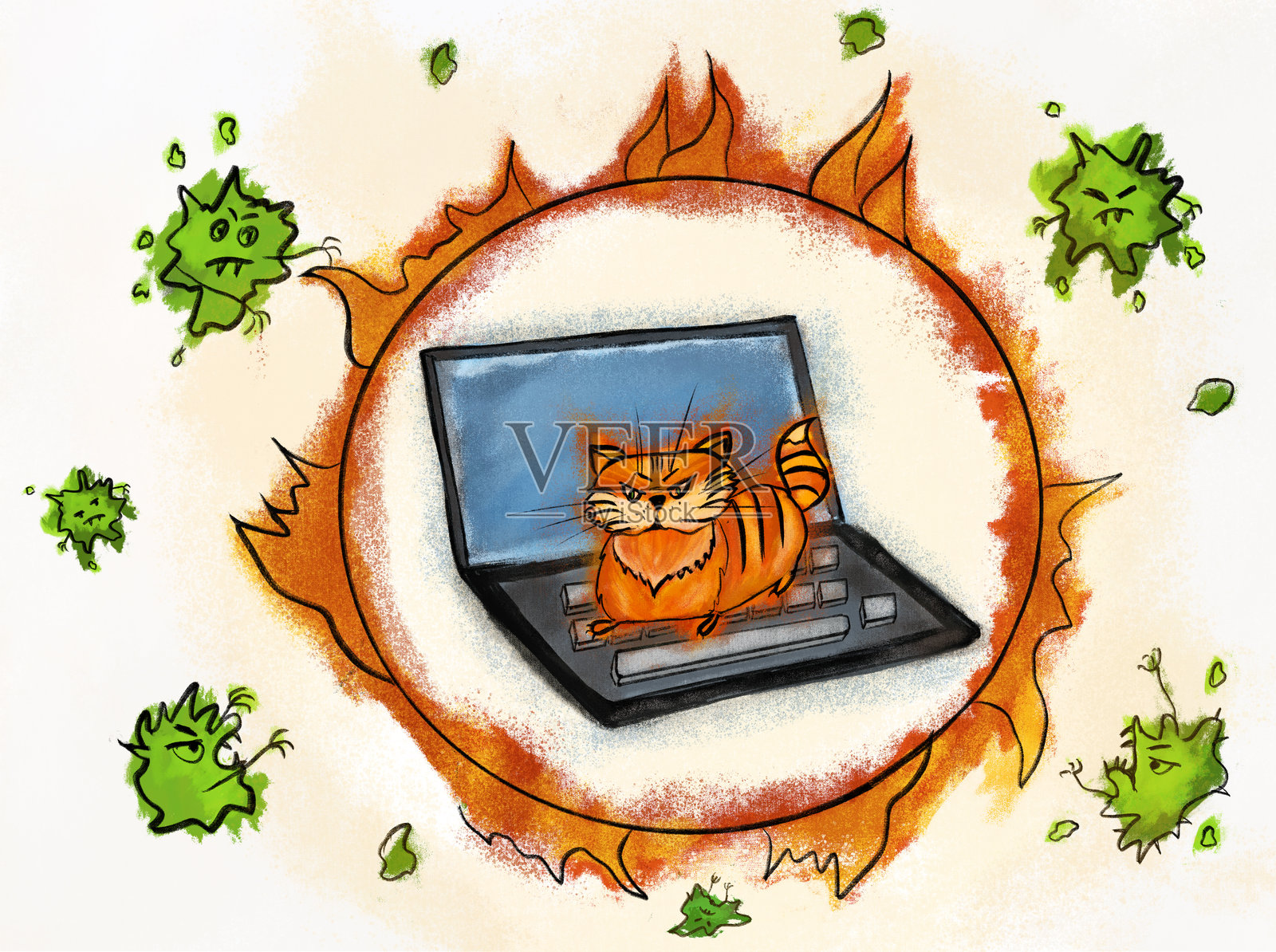 猫咪保护笔记本电脑免受病毒侵害。卡通网络安全概念与猫咪防火墙。插画图片素材