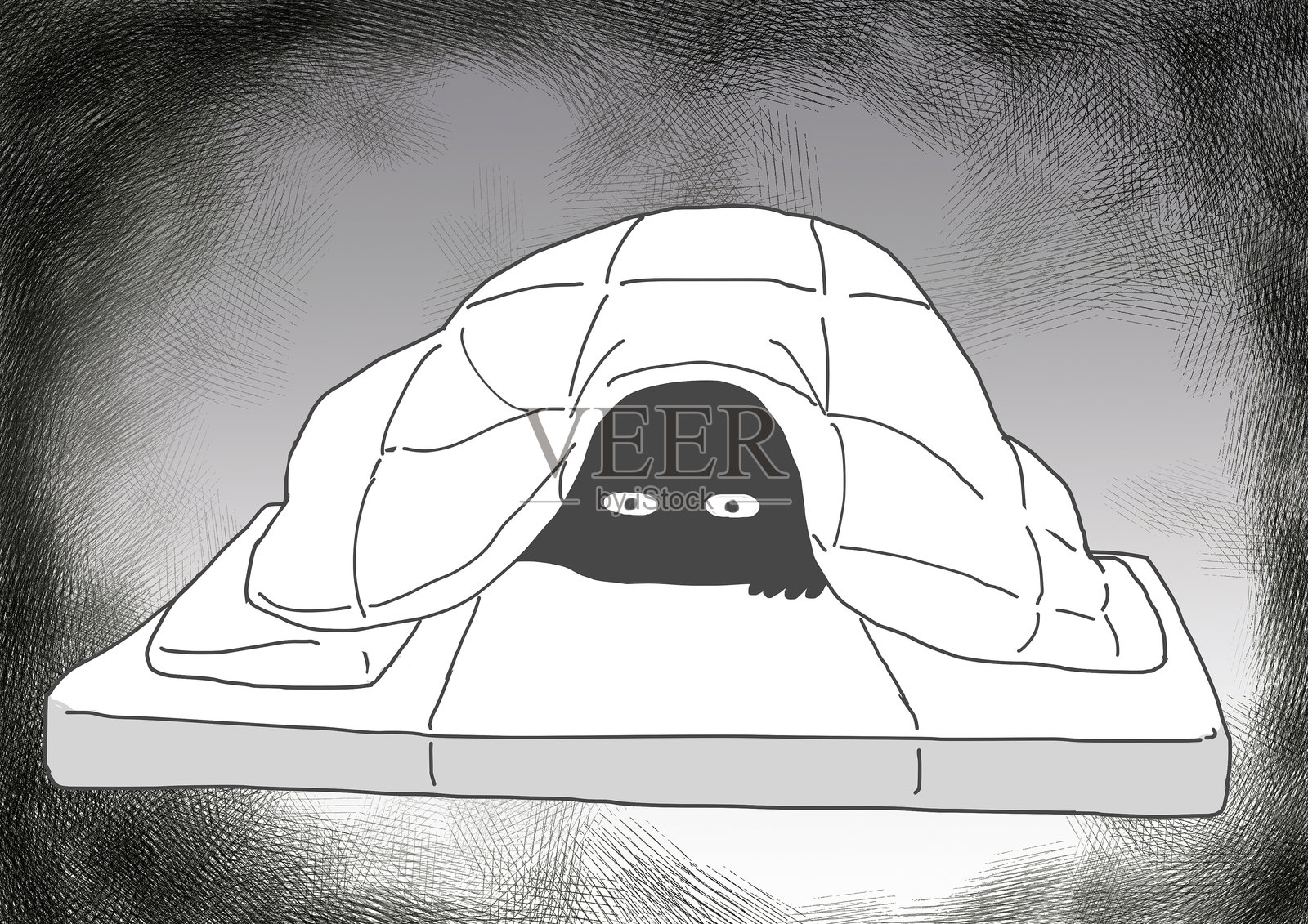 一个人从被子下偷看插画图片素材