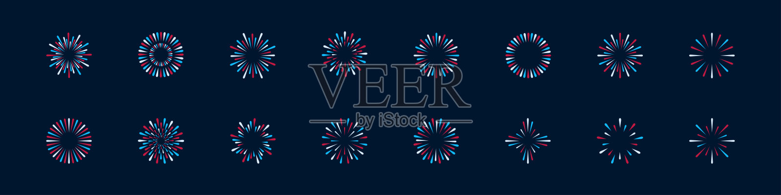 烟花图标。烟花矢量图集。蓝色、红色和白色的烟花在天空中绽放。独立的烟花标志。插画图片素材