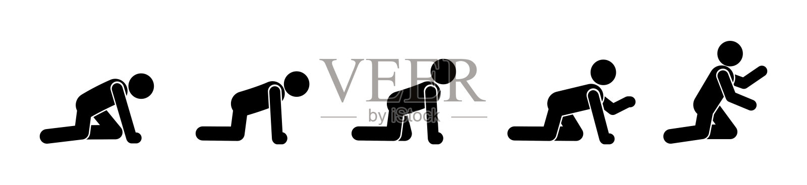 简约的火柴人姿势集合,展示各种爬行和跪姿。黑色图形在白色背景上。适用于运动、动作或手势概念的极简矢量设计。插画图片素材