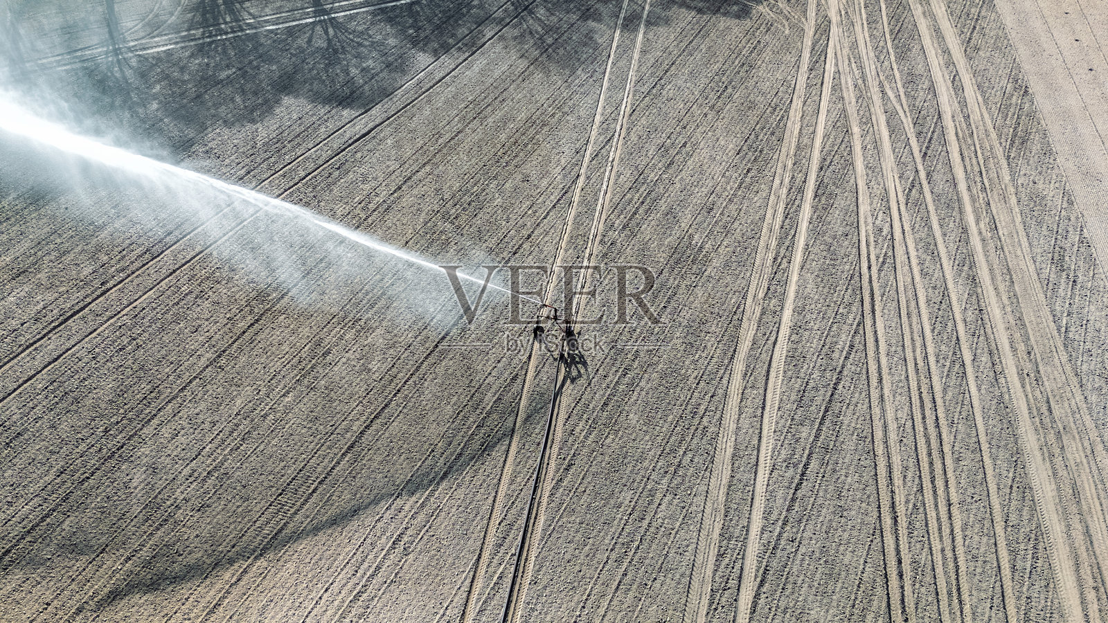 无人机航拍灌溉系统,水喷射雨枪喷头在田野上,阳光明媚的乡村景观,田野背景,荷兰农业照片摄影图片