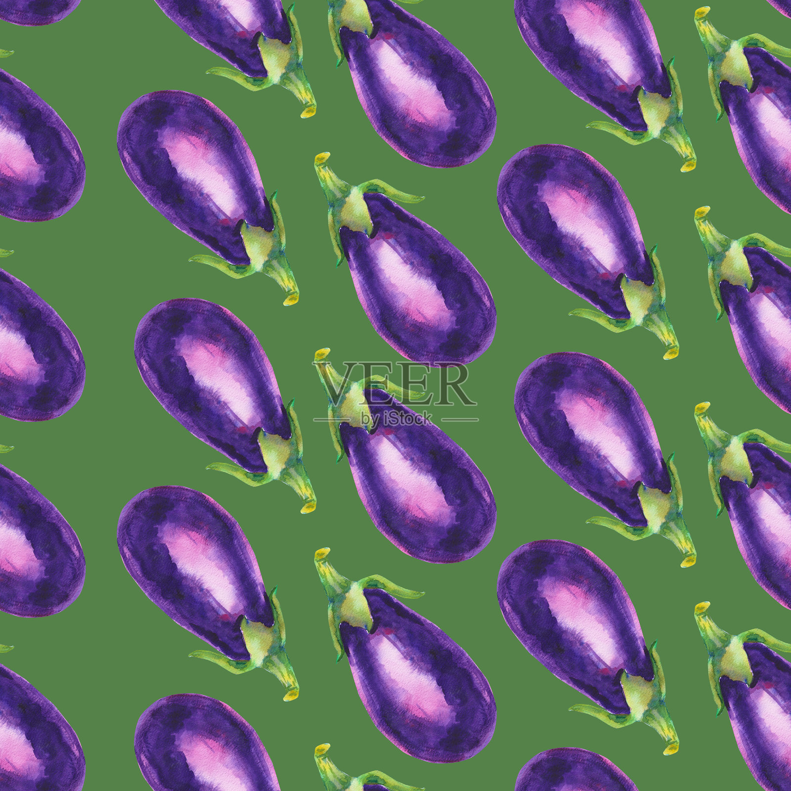 无缝水彩图案,包含茄子或紫茄。植物插图,背景为温暖的绿色。手绘装饰纹理,适用于烹饪、菜单、丰收节、纸张、感恩节。插画图片素材