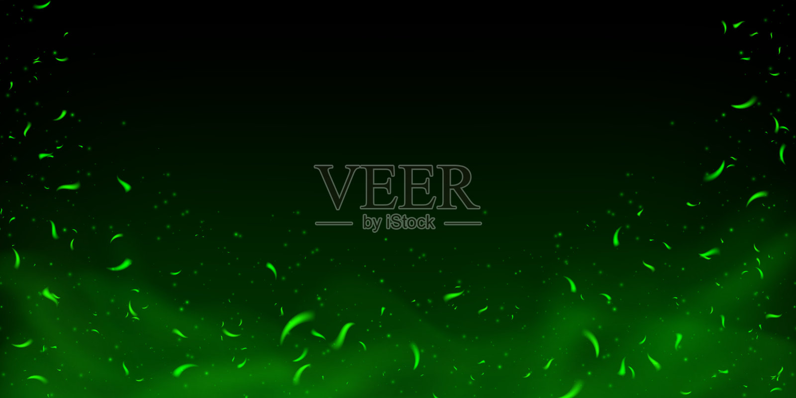 绿色魔法火焰,伴随着闪烁的火花和飞舞的余烬。黑暗背景上的霓虹火焰效果,带有雾气、烟雾和有毒气雾。幻想矢量纹理,散发着闪光、光辉和童话般的能量爆发。插画图片素材