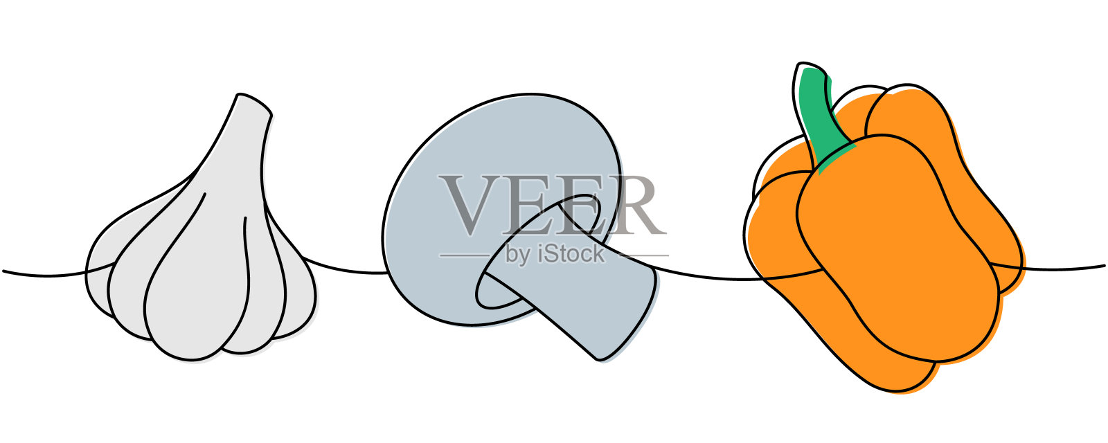 大蒜头、蘑菇、新鲜辣椒的一线彩色连续画。新鲜有机蔬菜。矢量插图插画图片素材