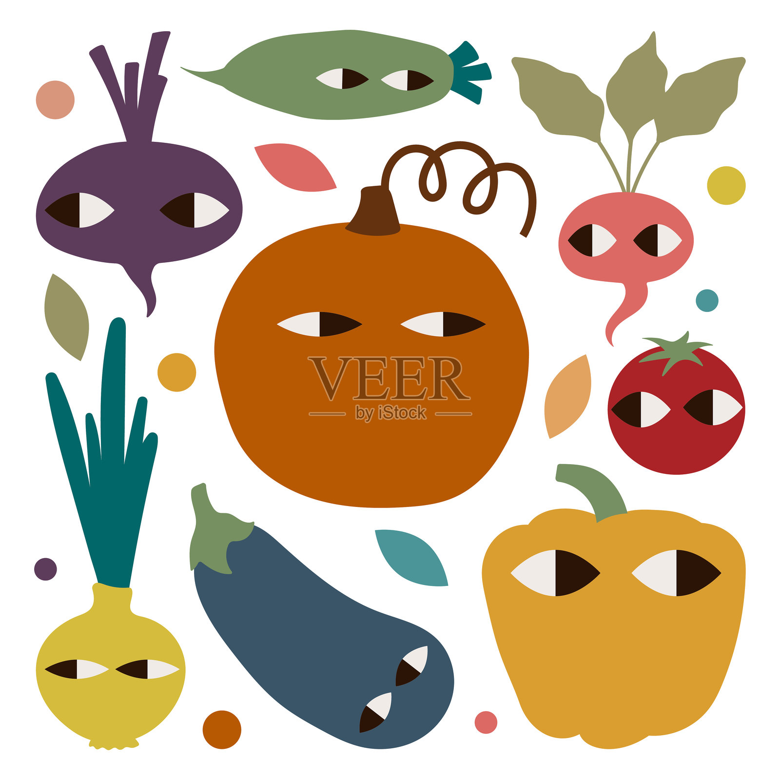 顽皮的蔬菜眼睛插图集。包括南瓜、茄子、洋葱和胡萝卜,色彩丰富,设计有趣,适合儿童和秋季主题。插画图片素材