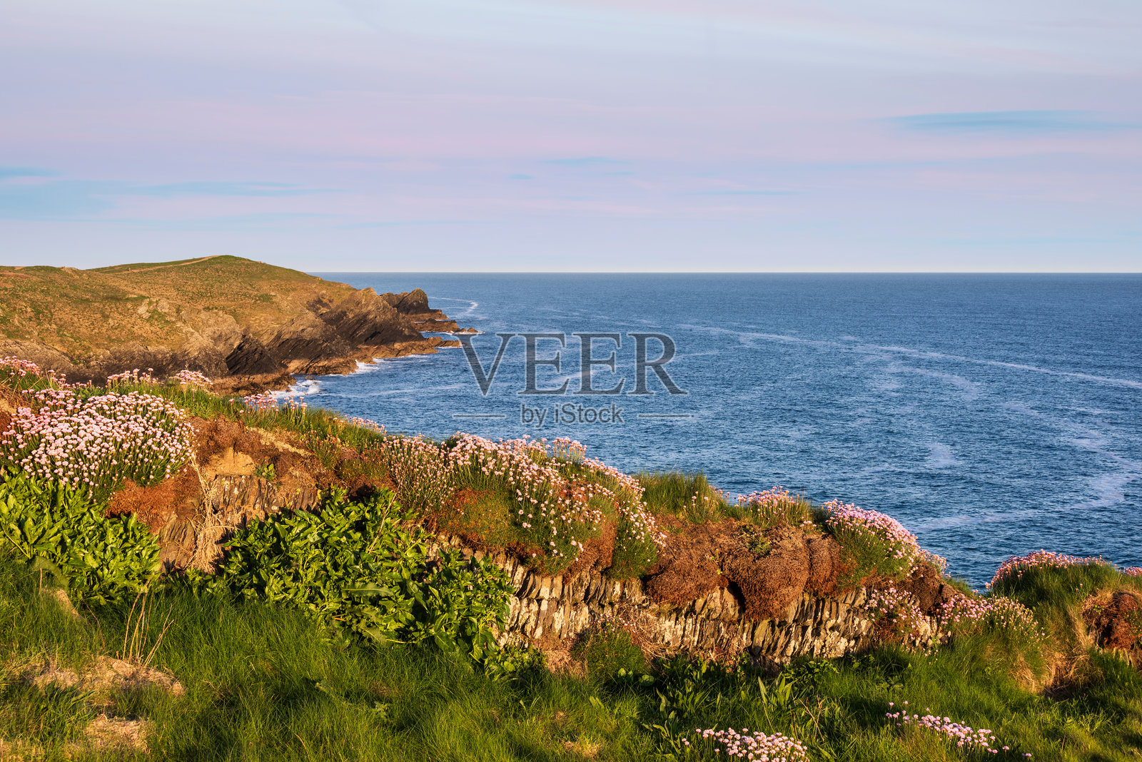 康沃尔郡彭蒂尔岬美丽而生机勃勃的日出风景,夏日清晨的宜人时光照片摄影图片