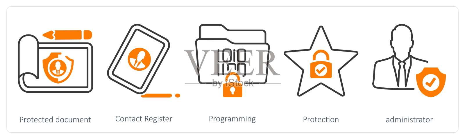一组包含5个混合图标,分别为受保护的文档、联系人注册和编程插画图片素材