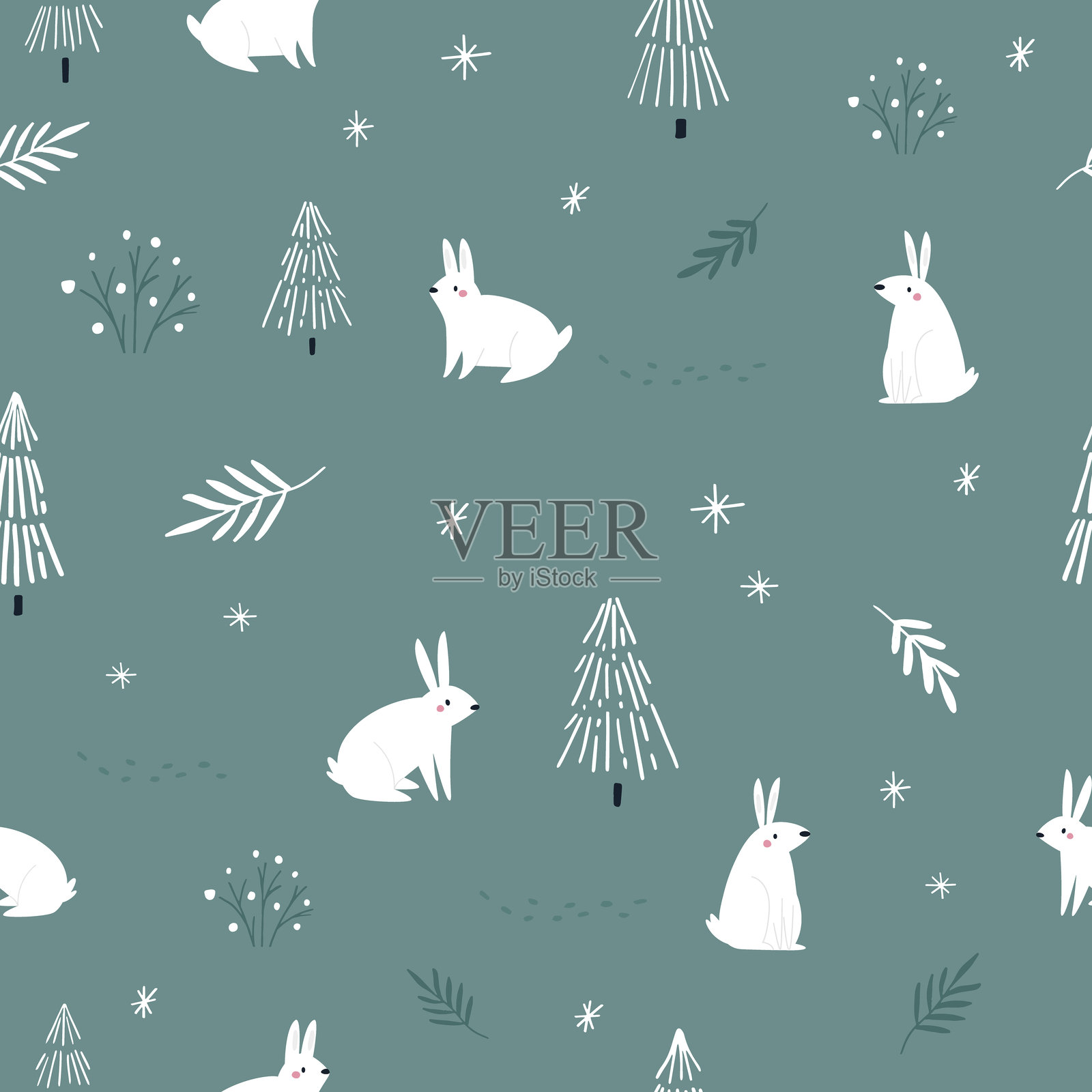 无缝圣诞图案,包含森林兔子和风格化手绘树木插画图片素材