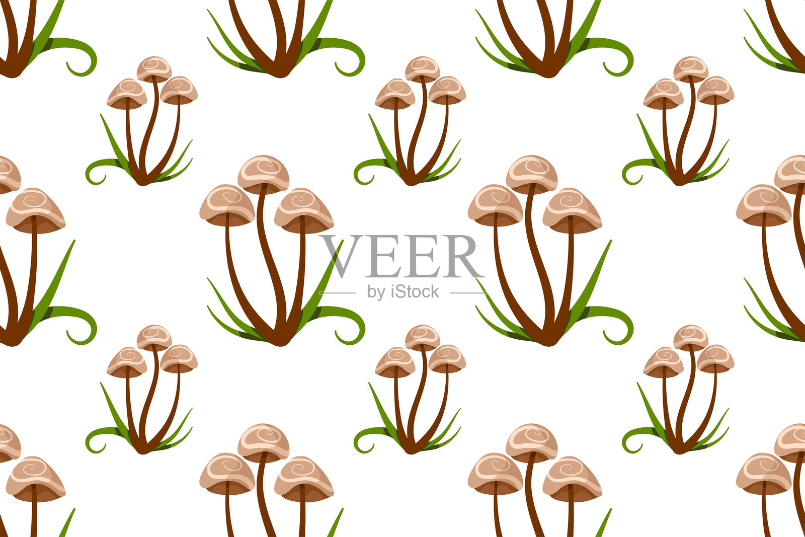 无缝图案,包含五彩斑斓的秋天叶子、南瓜和蘑菇,色调为橙色和黄色。秋天的氛围。手绘矢量插图,背景为白色。插画图片素材