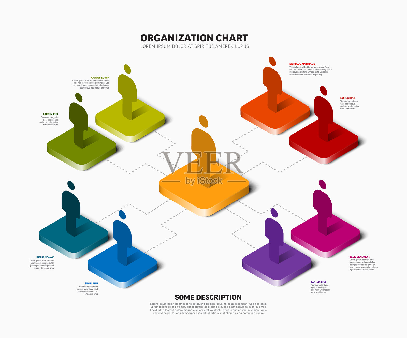 3D等距组织结构图模板,带有多彩人物图标的层级关系插画图片素材