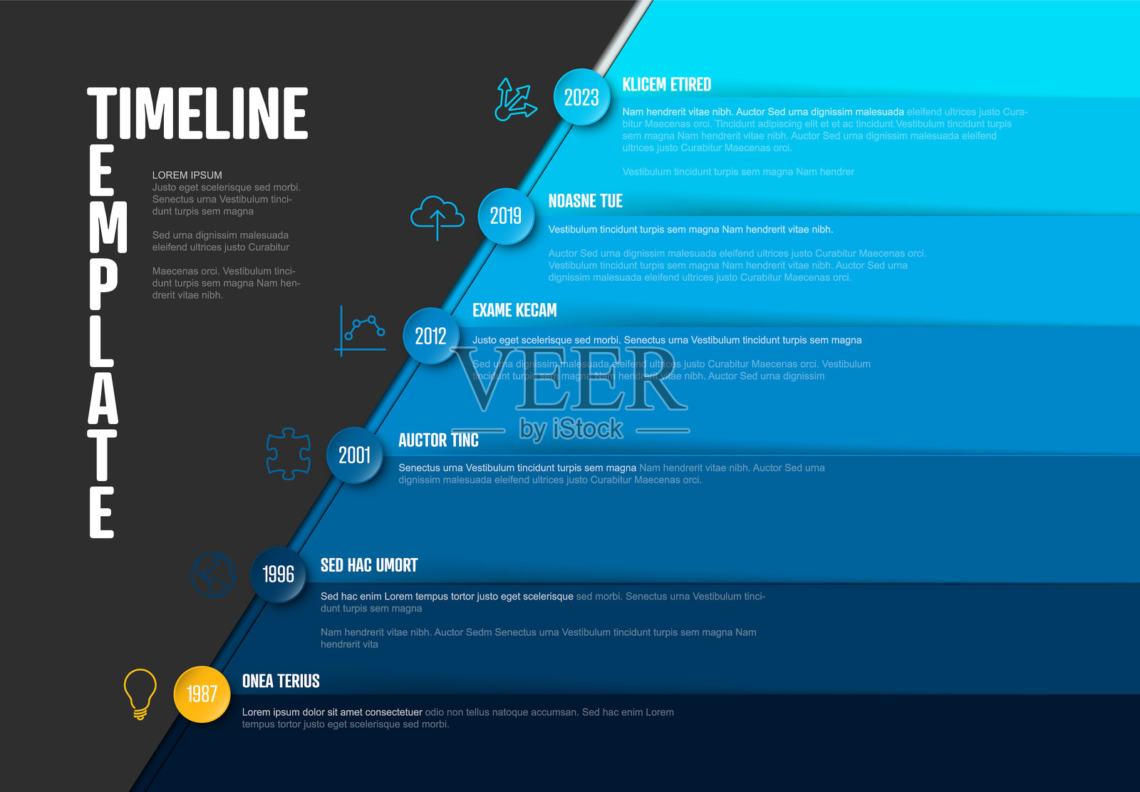 现代垂直时间轴模板设计,带里程碑和图标插画图片素材