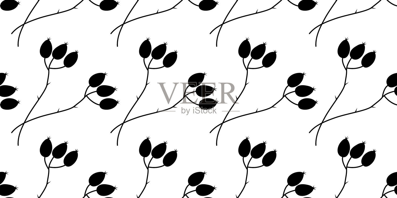 手绘玫瑰果枝条剪影无缝图案秋季背景矩形横幅格式插画图片素材