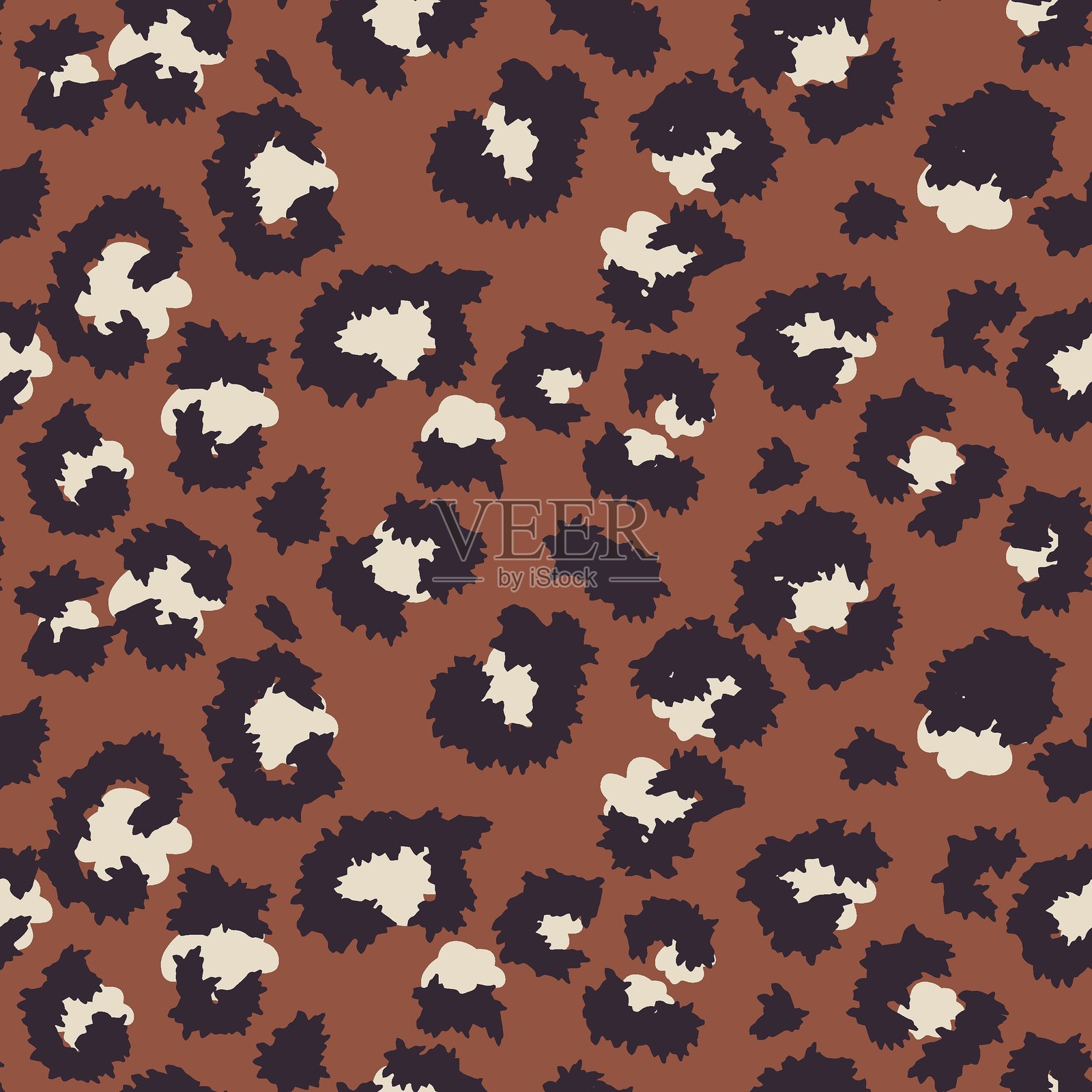 无缝的豹纹图案,采用土色调,黑色和奶油色斑点在温暖的棕色背景上。矢量抽象动物印花设计。非常适合时尚、纺织品、野性优雅和精致感。插画图片素材