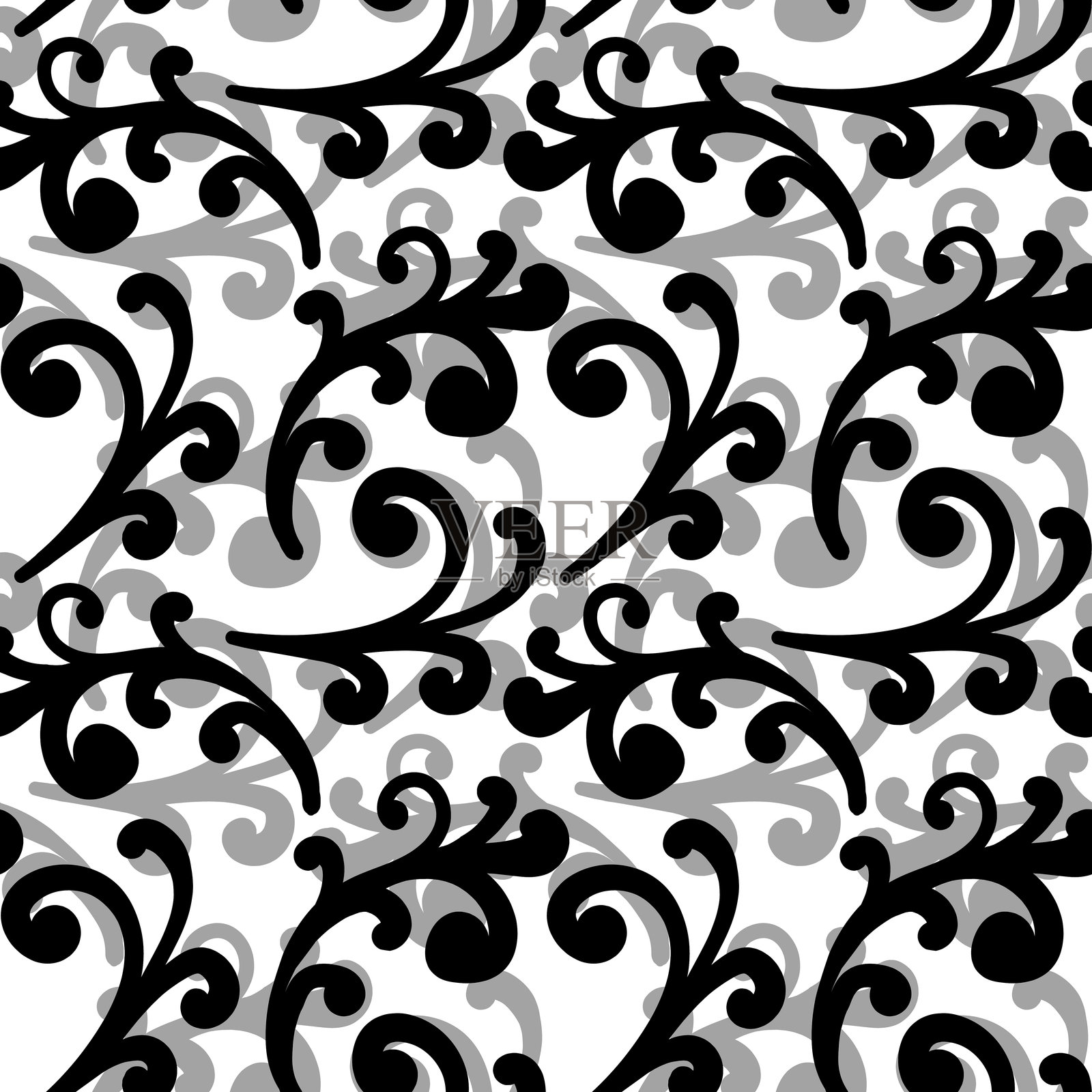 无缝图案,带有叶子和花朵的斯堪的纳维亚装饰。民族风格的黑白花卉背景。矢量插图,适用于布料、卡片、织物的手绘设计模板。插画图片素材