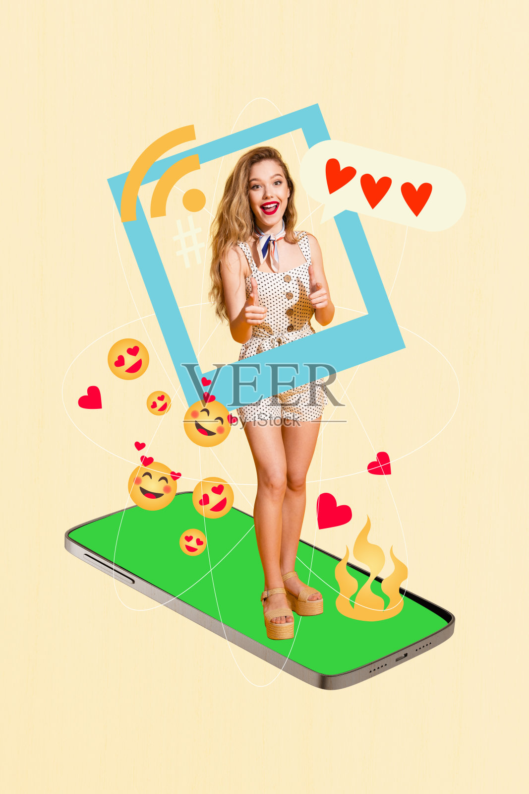 年轻女士在相框前摆出选择手势,像是在线反应表情,展示艺术拼贴作品。照片摄影图片