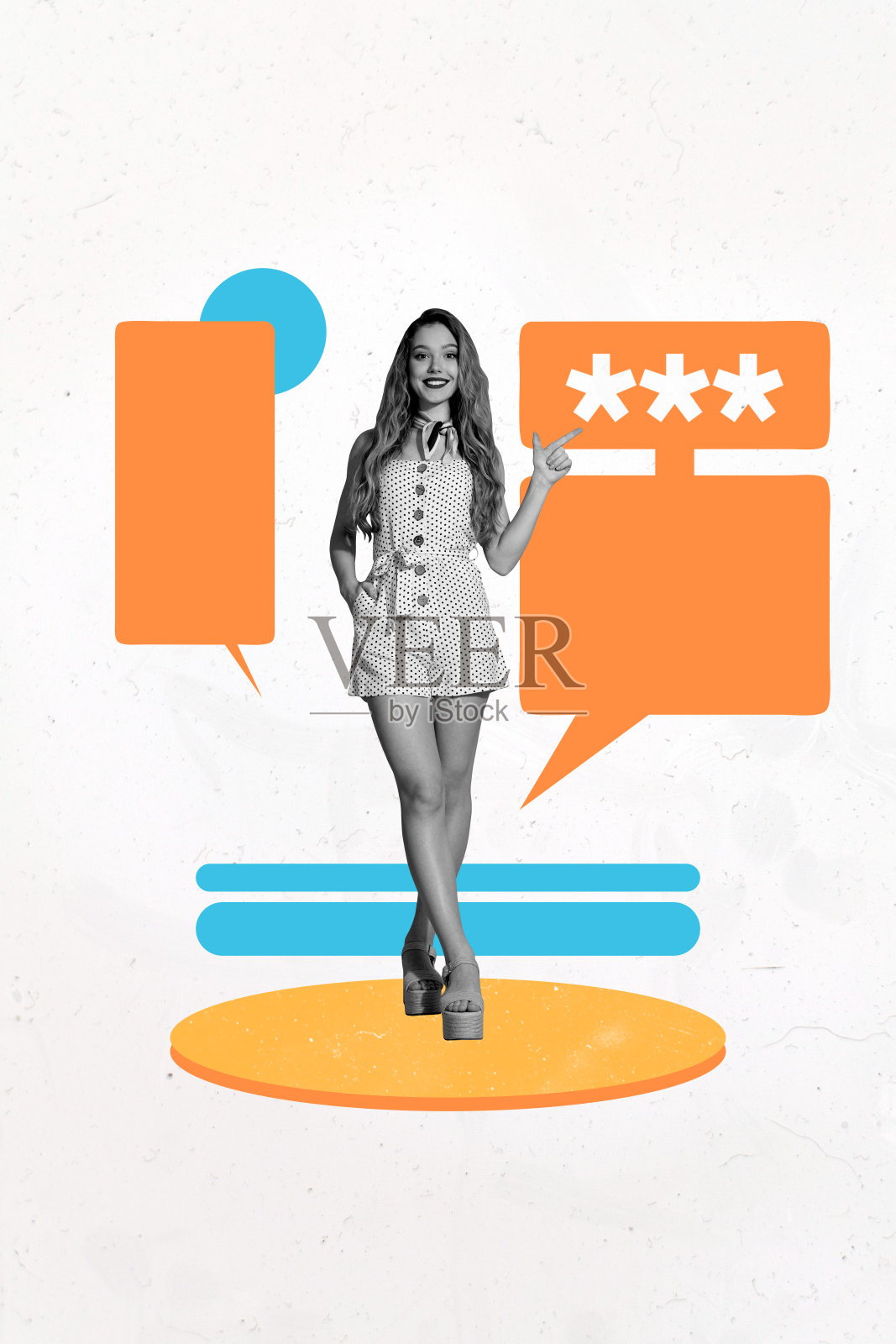 创意3D照片拼贴趋势艺术模板,包含聊天标签文本气泡反馈,年轻女士穿着复古服装微笑,信息密码照片摄影图片