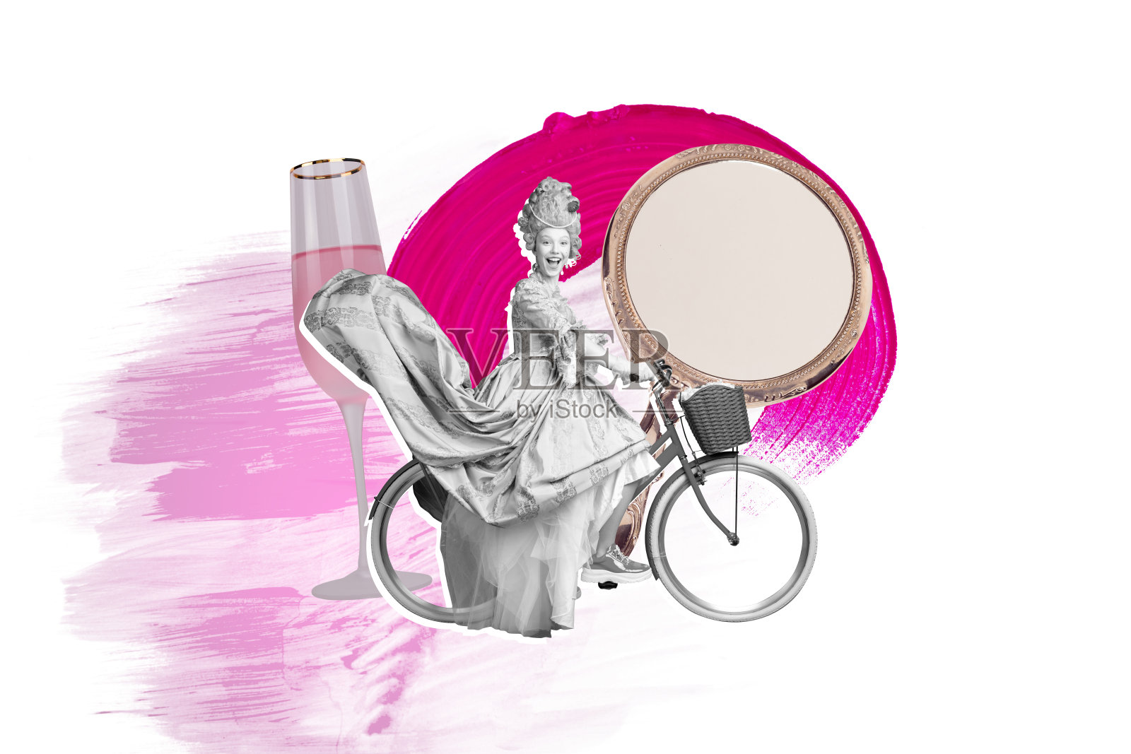创意全艺术拼贴,快乐的女伯爵骑自行车,举杯庆祝,美容院镜子前的庆祝活动照片摄影图片