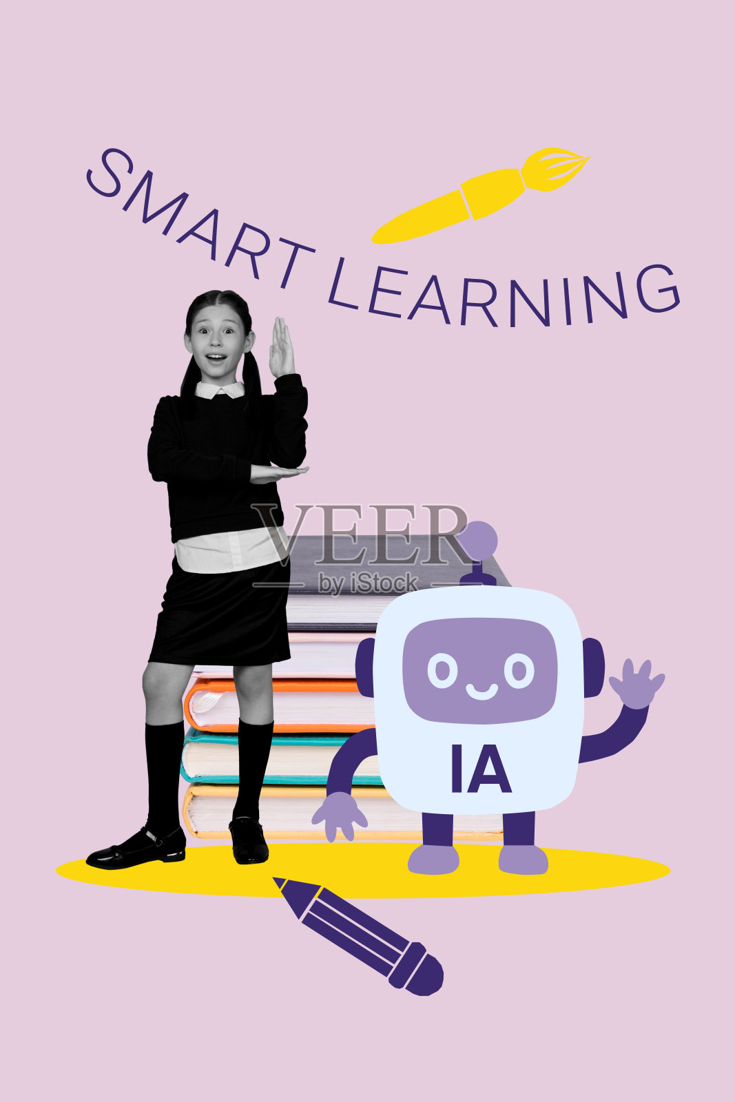 快乐的女学生站在书堆旁的竖版拼贴画,教育概念,GPT助手机器人挥手,智能学习。照片摄影图片