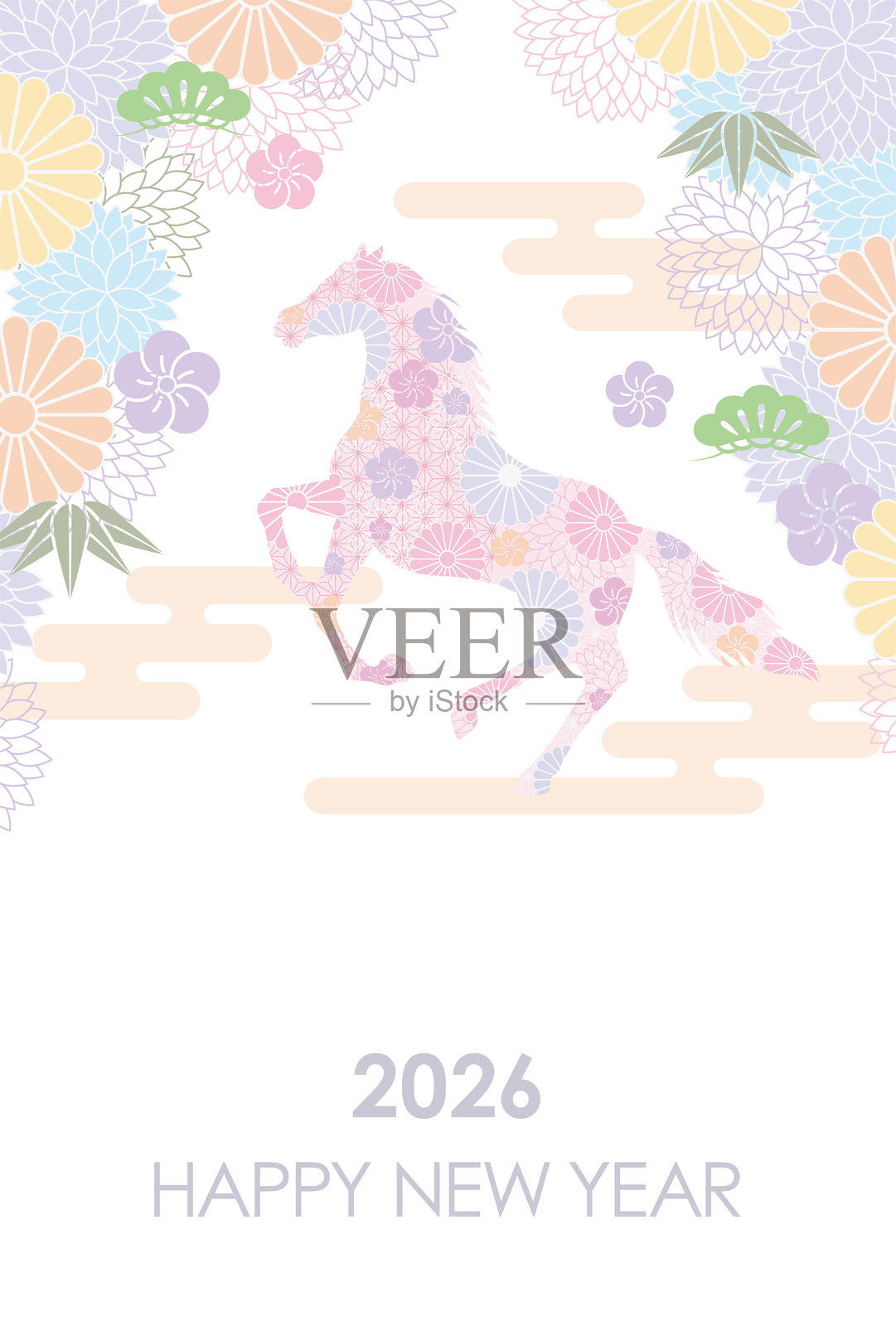 2026年,马年,新年贺卡模板,带有跃动的马剪影和日本复古花卉图案。插画图片素材