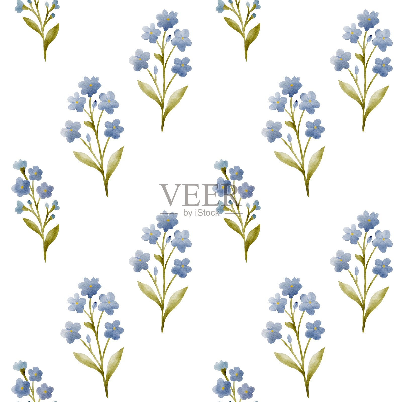 无缝水彩花卉图案,包含雏菊、矢车菊、勿忘我、康乃馨和铃兰,背景为柔和的白色。插画图片素材
