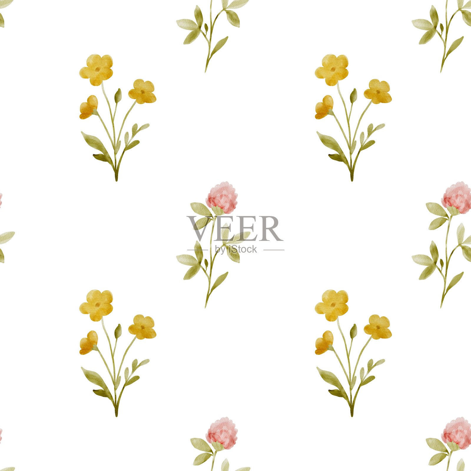 无缝水彩花卉图案,包含雏菊、矢车菊、勿忘我、康乃馨和铃兰,背景为柔和的白色。插画图片素材