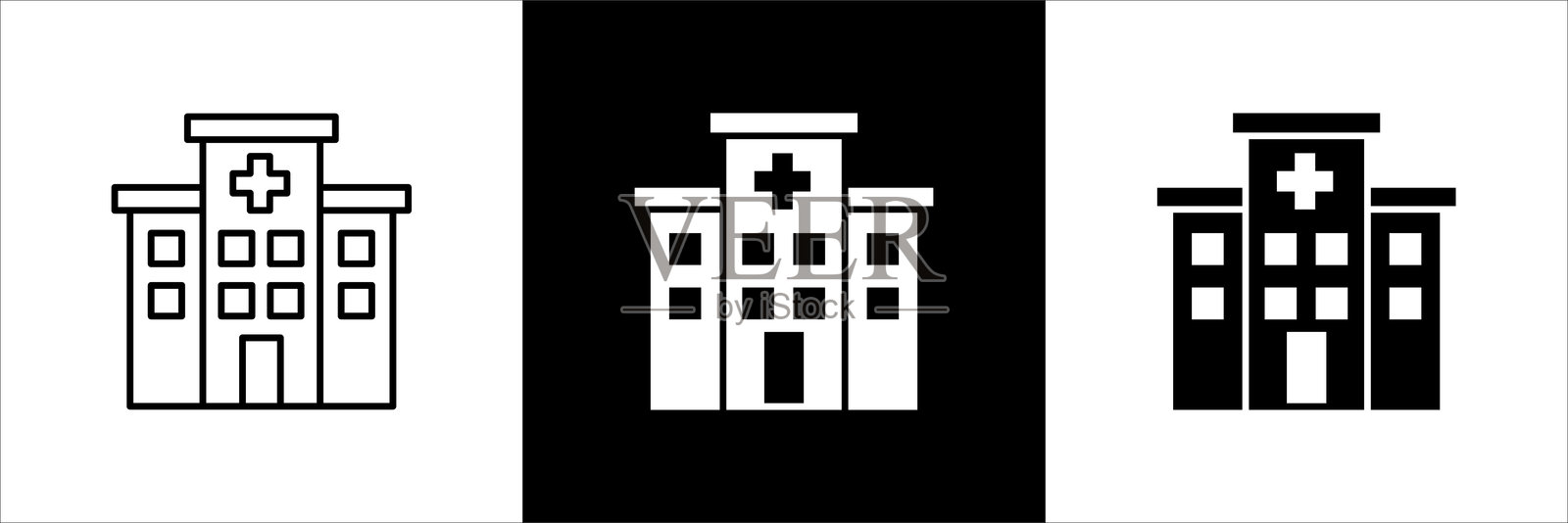 医院图标。医疗保健图标。诊所、健康中心、医院建筑、红十字、药物场所的图标符号。矢量插图。细线和实心设计。插画图片素材