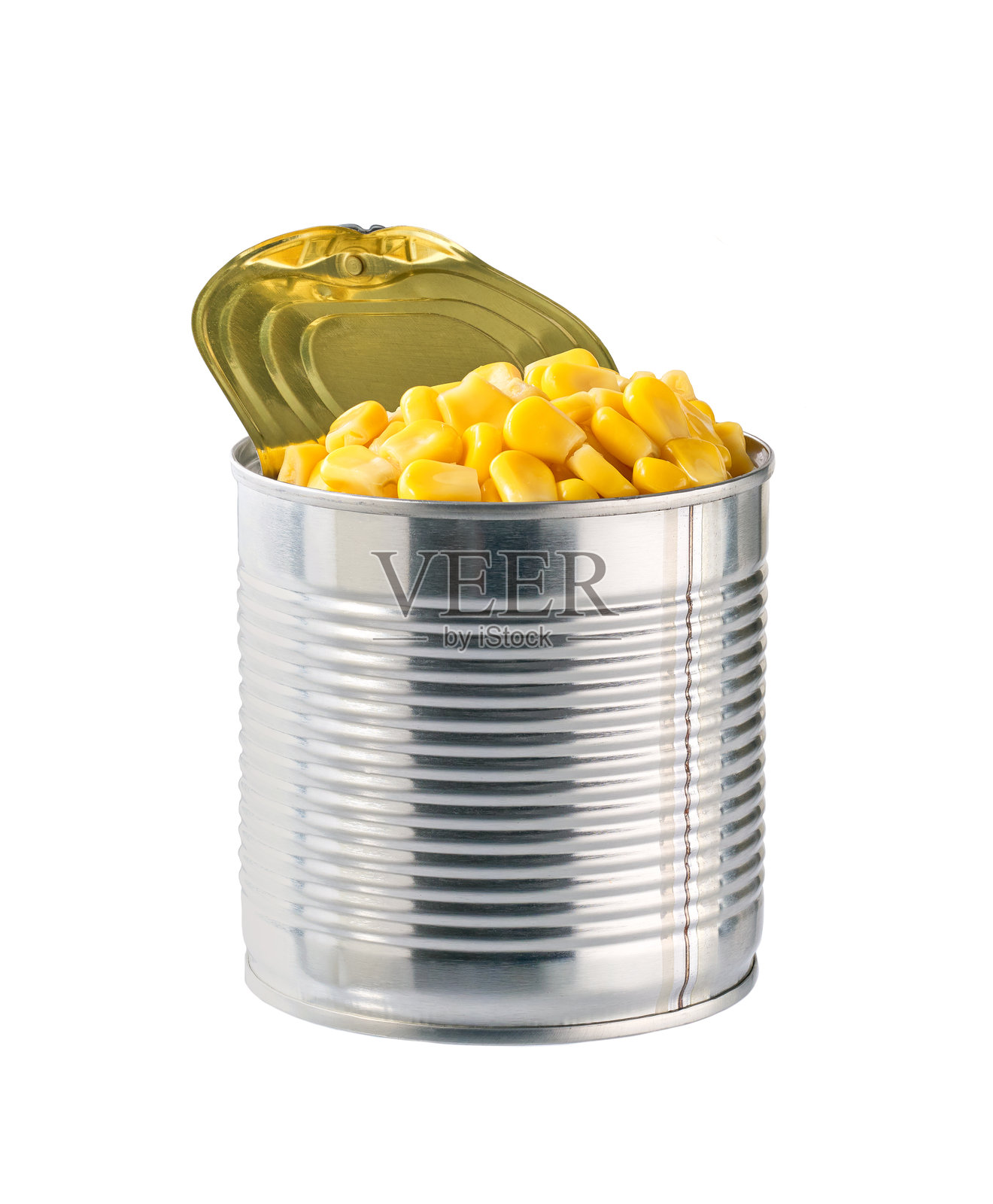金属罐装甜玉米,孤立在白色背景上。照片摄影图片