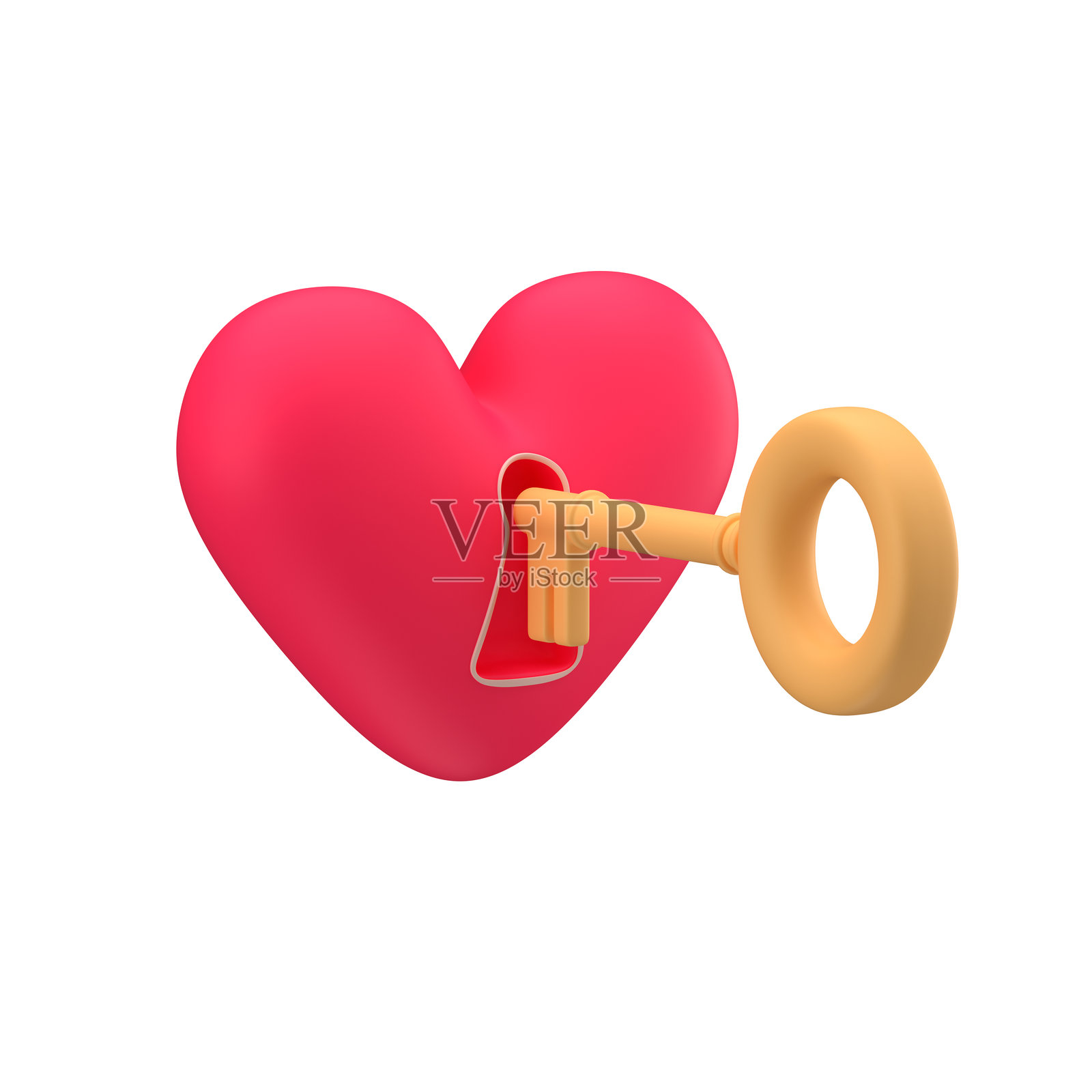 白色背景上的心与钥匙。情人节的概念是用钥匙打开心扉,3D渲染。照片摄影图片