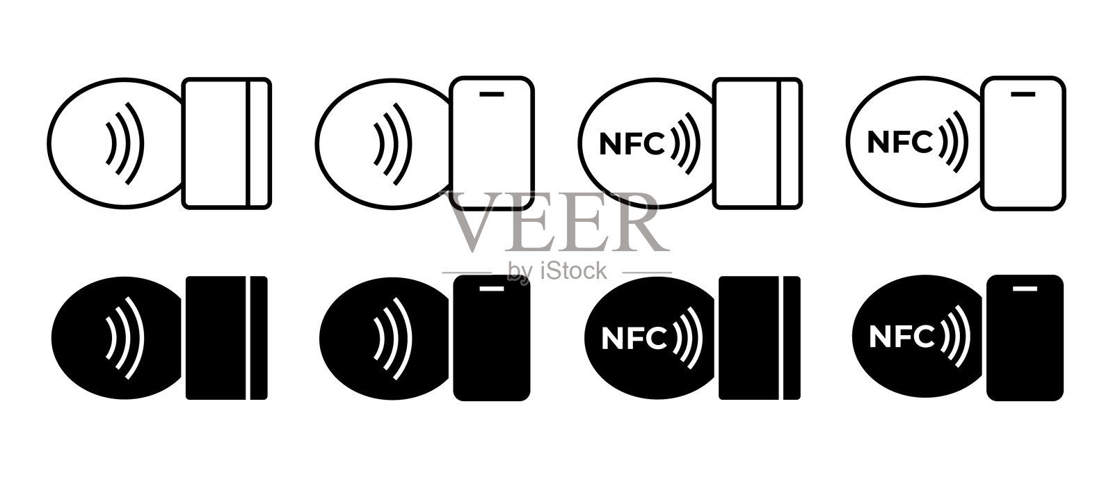 NFC支付图标集。带银行卡和智能手机的非接触式支付符号插画图片素材