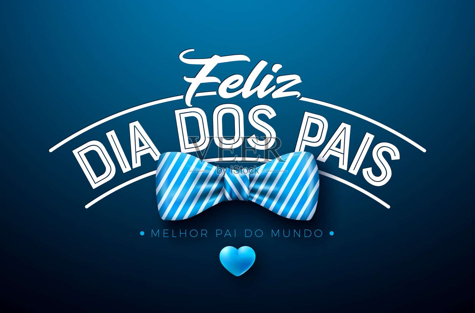 父亲节快乐贺卡设计,蓝色背景上的蓝色心形和领结。葡萄牙语“Feliz Dia dos Pais”矢量插图,献给心爱的和最好的爸爸。适用于横幅、明信片、贺卡、传单或海报的模板。插画图片素材