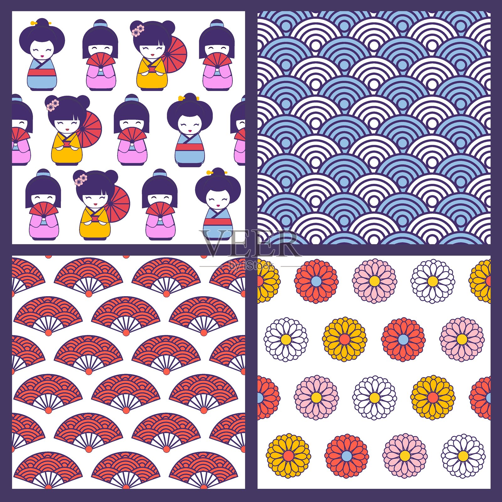 一组彩色日本无缝矢量图案插画图片素材