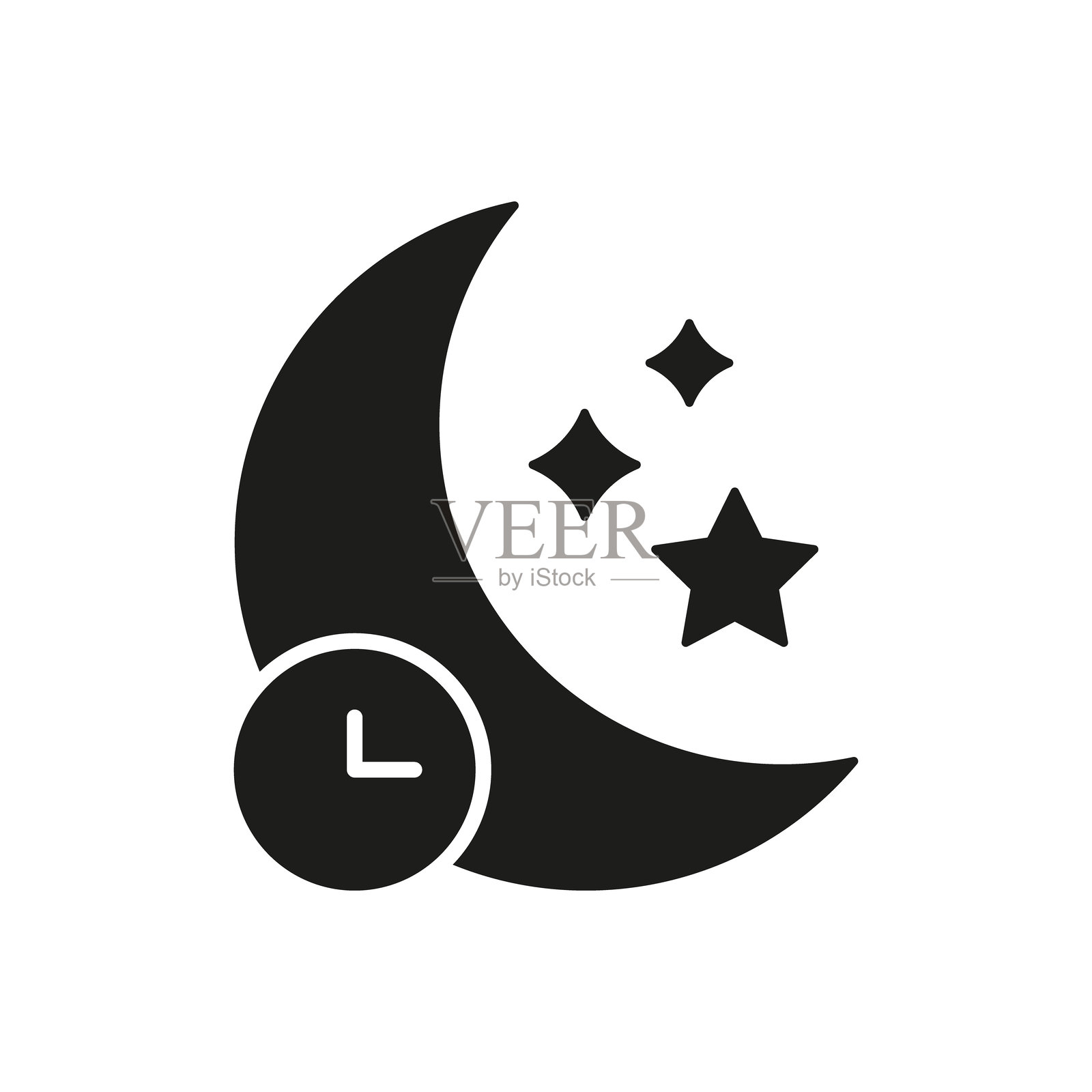 新月与时钟和星星的实心图标。夜间、睡眠时间表和就寝例行程序的轮廓符号。时间管理与休息。孤立的矢量插图。插画图片素材